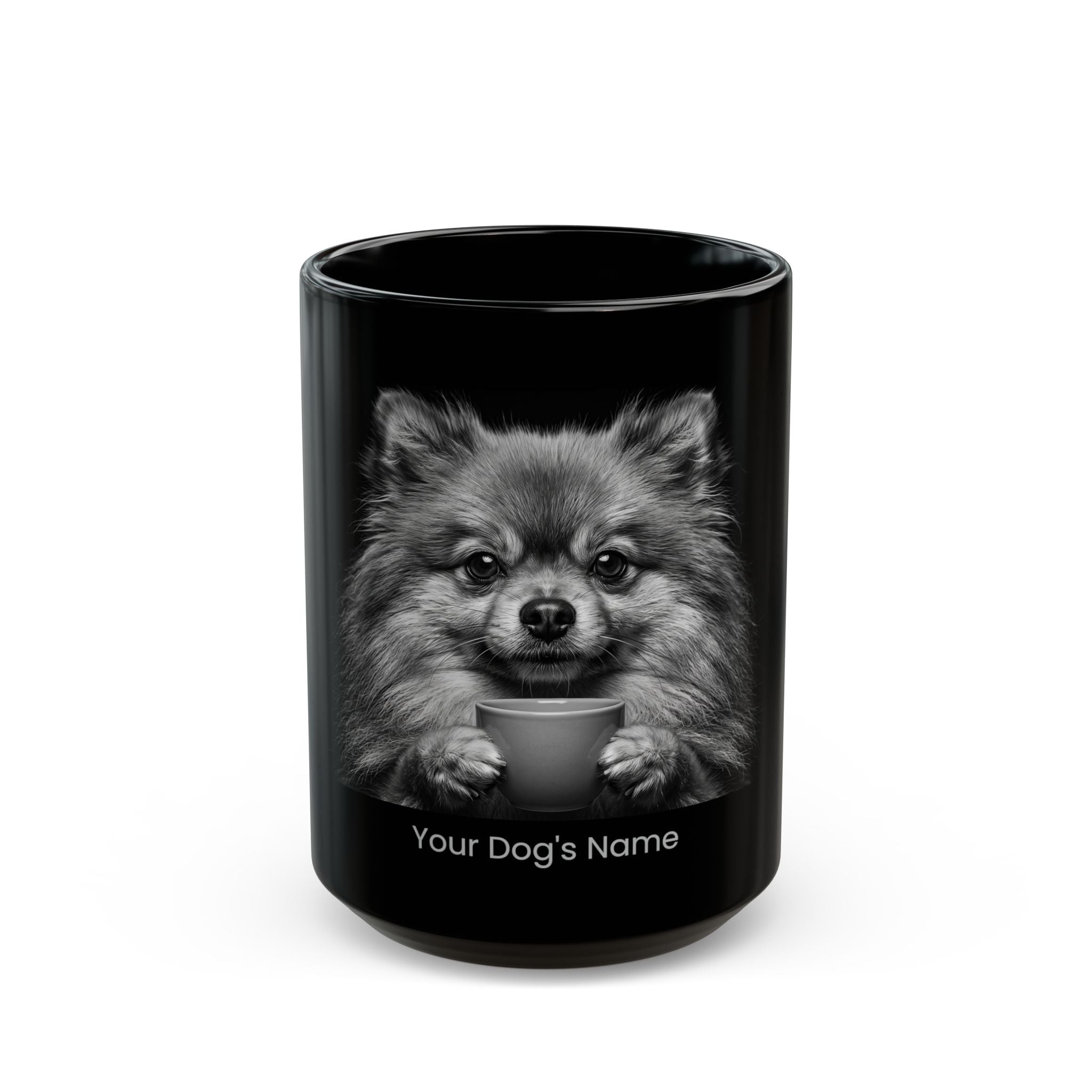 Personalized Pomeranian black ceramic coffee mug with custom dog name