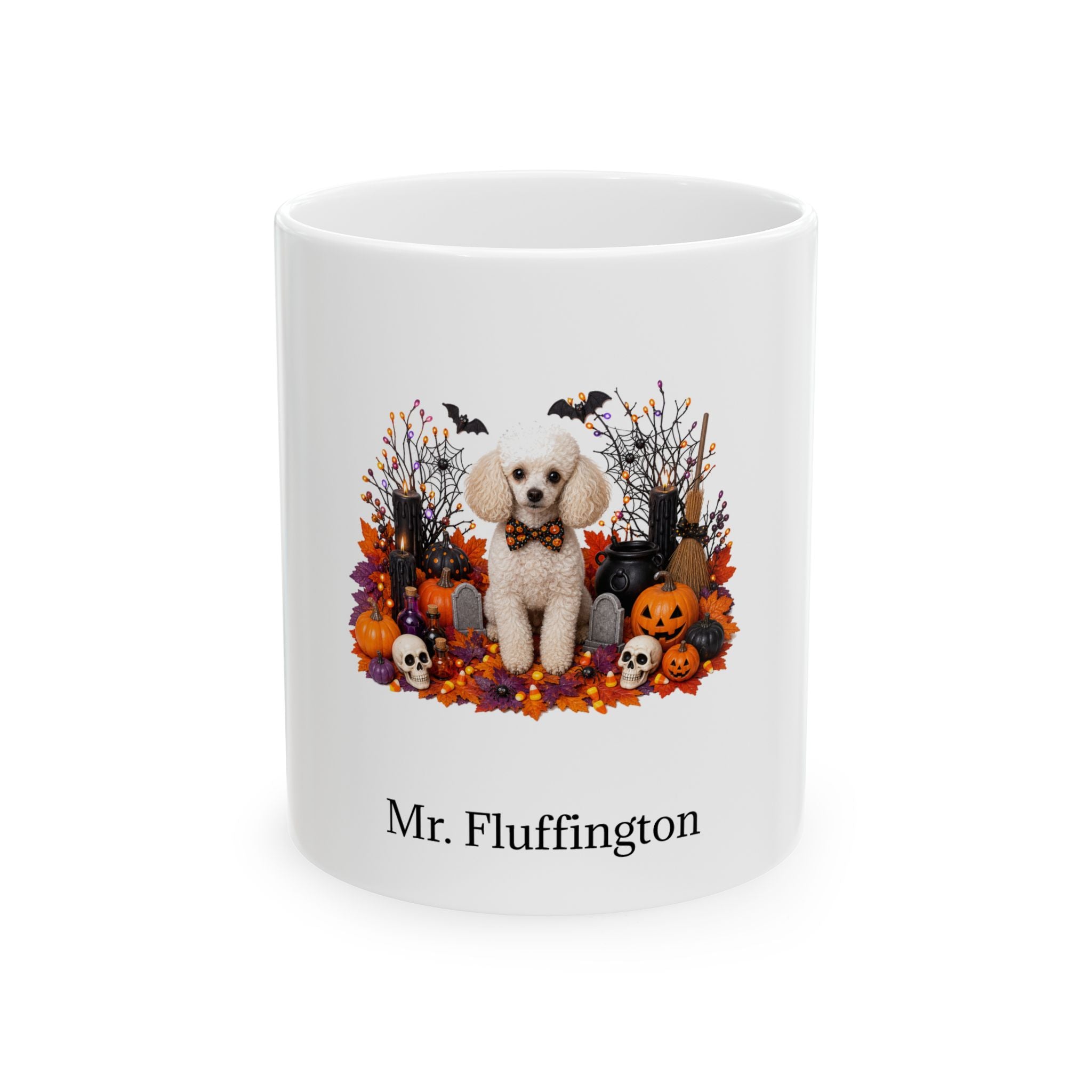Personalized Toy Poodle dog Halloween mug, 11oz white ceramic, with custom pet name on front