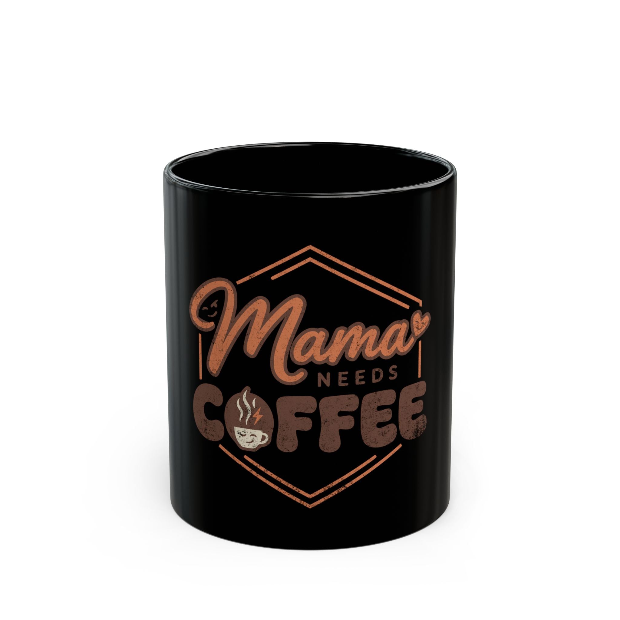 Black ceramic mug with Mama Needs Coffee text and a small coffee cup graphic.
