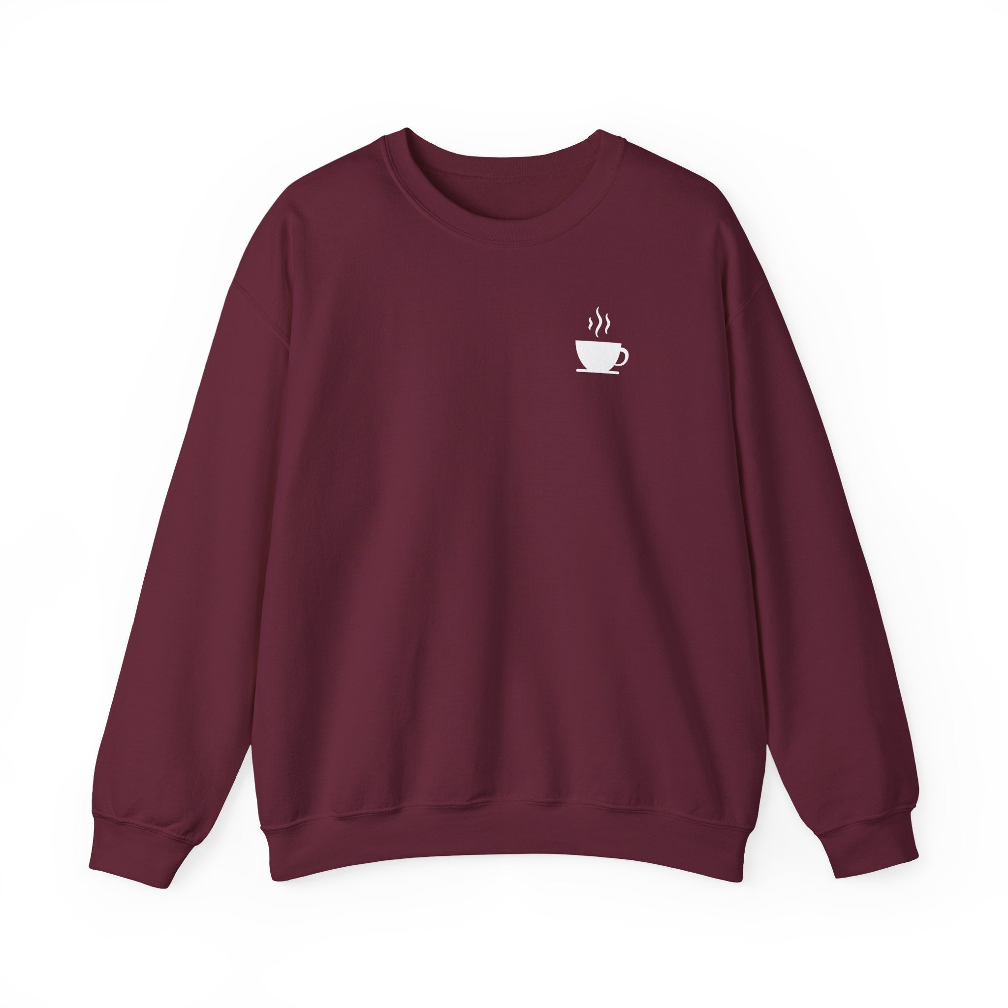 A maroon crewneck sweatshirt featuring a small white steaming coffee cup icon on the chest.