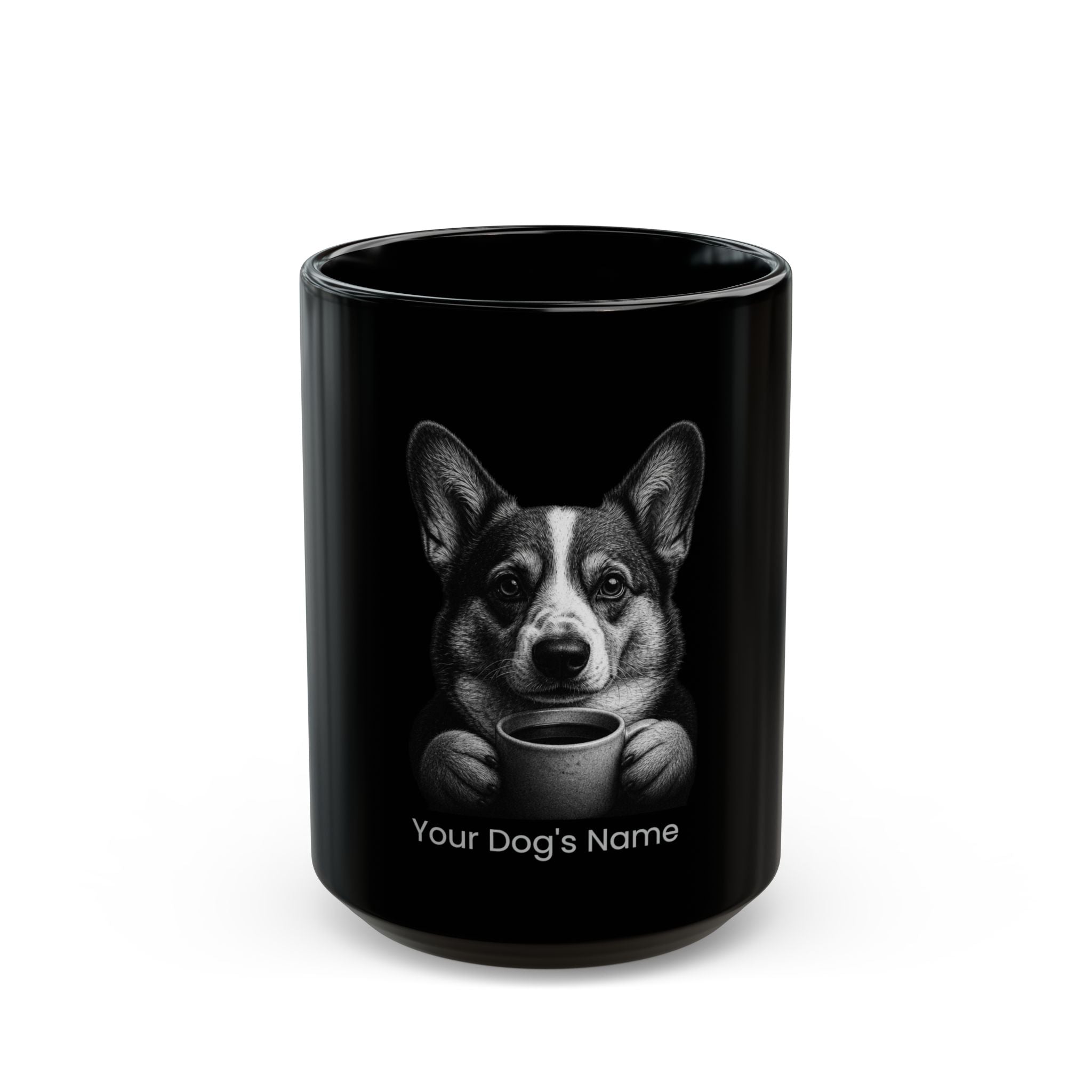 Personalized Corgi black ceramic coffee mug with custom dog name