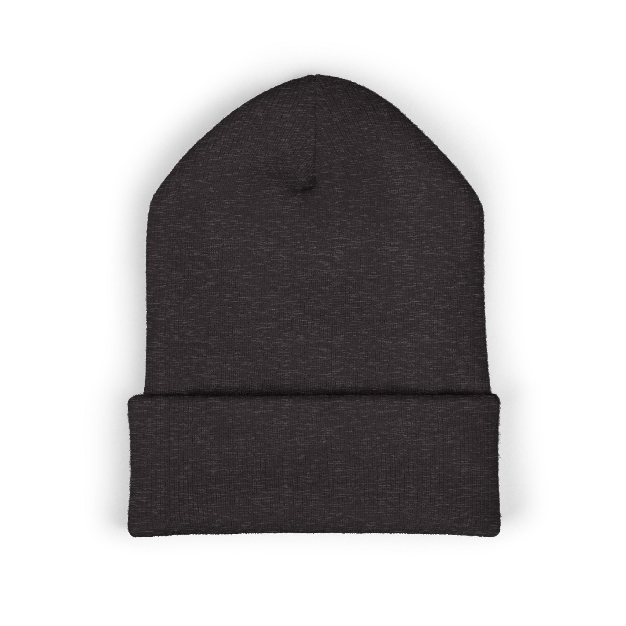 A dark gray cuffed knit beanie with a subtle embroidered coffee cup design.