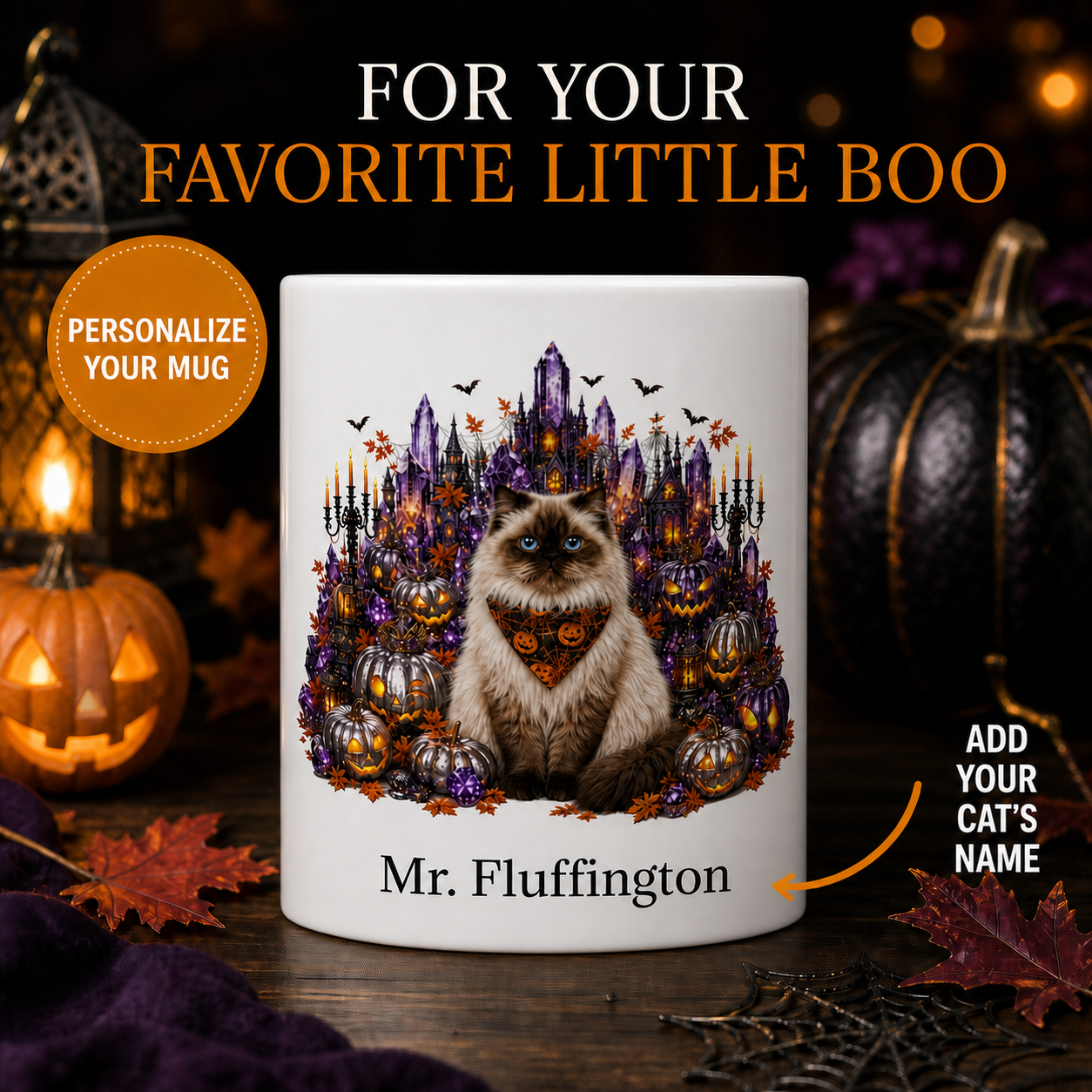 Personalized Himalayan Cat Halloween Mug – Custom Pet Name Gift – front view with no handle