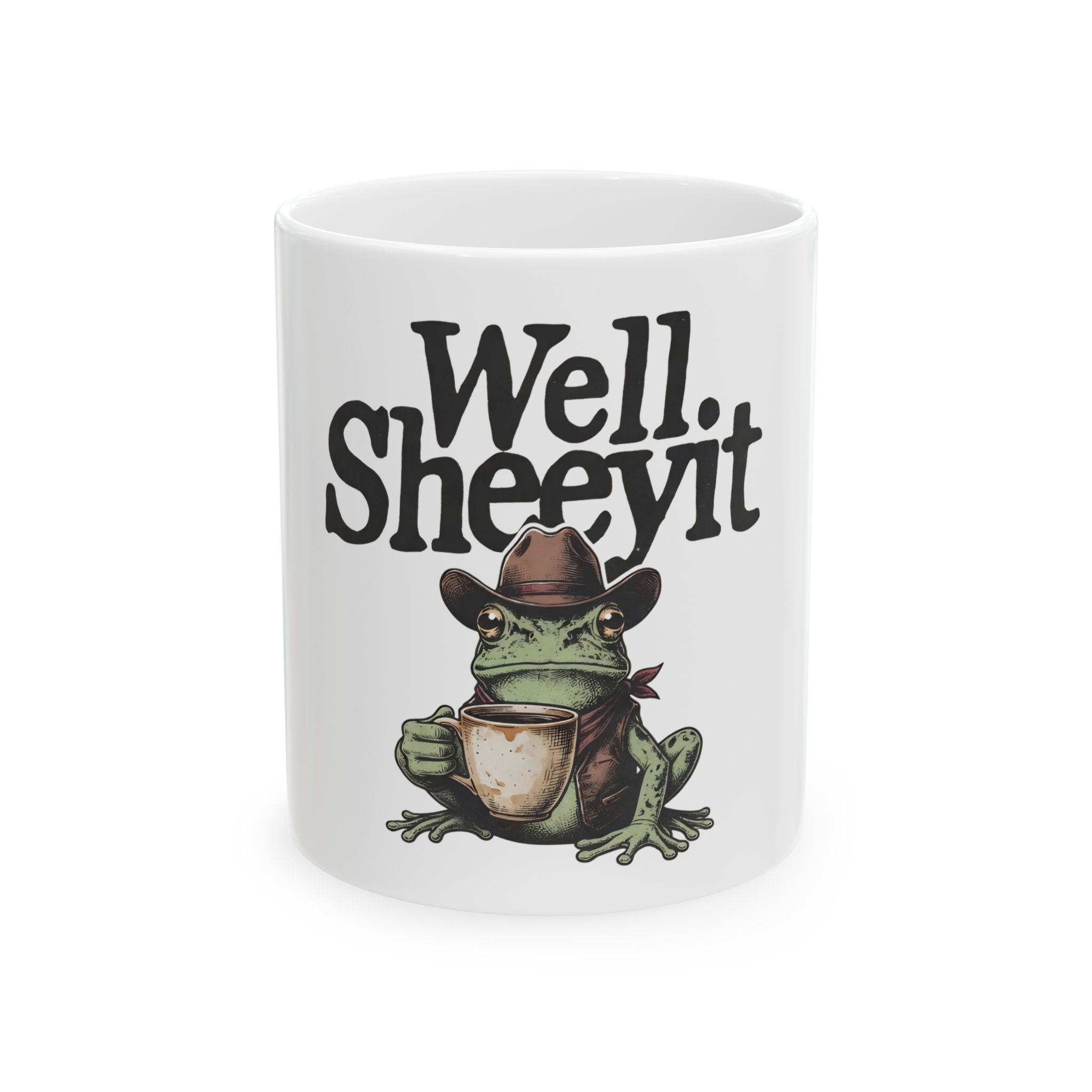 White ceramic mug featuring a cartoon frog in a cowboy hat holding a coffee cup with text above.