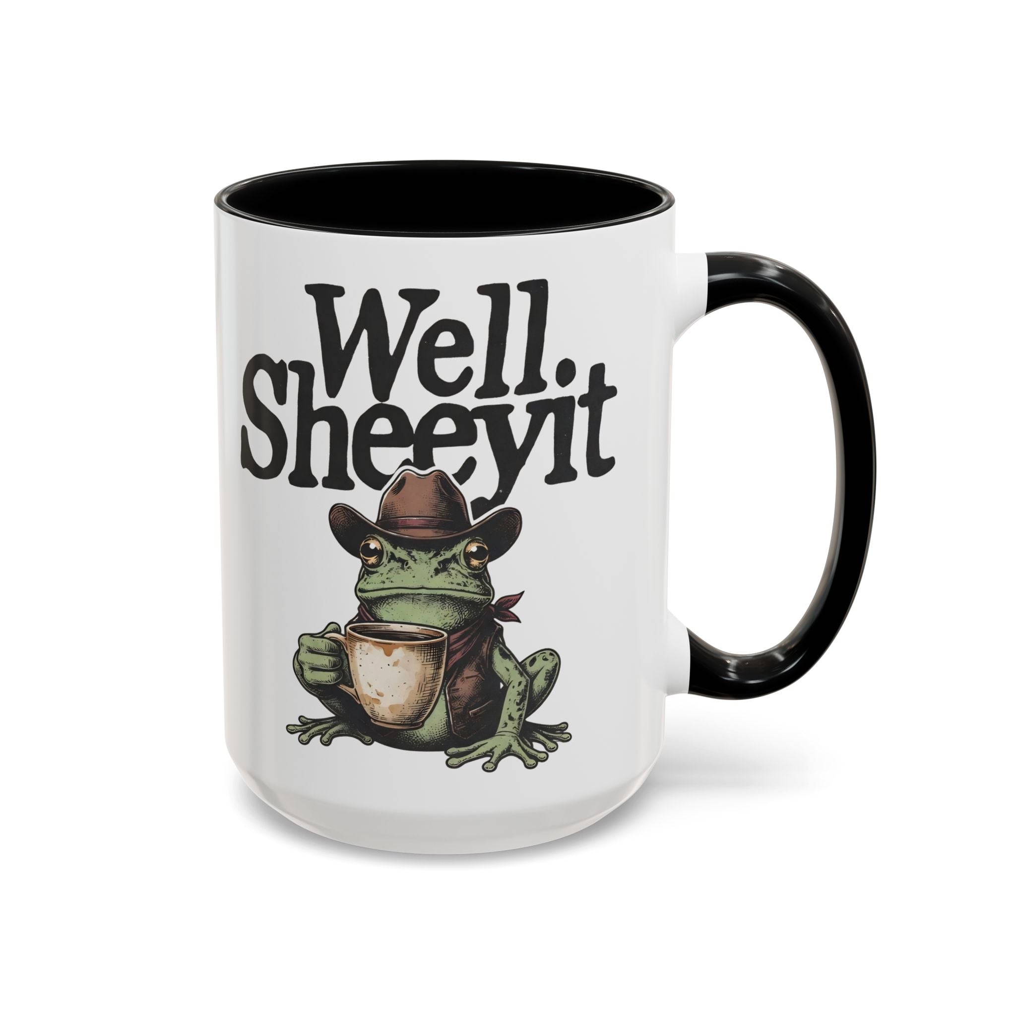 White ceramic mug with a black handle and rim, featuring a cowboy frog holding a coffee cup.