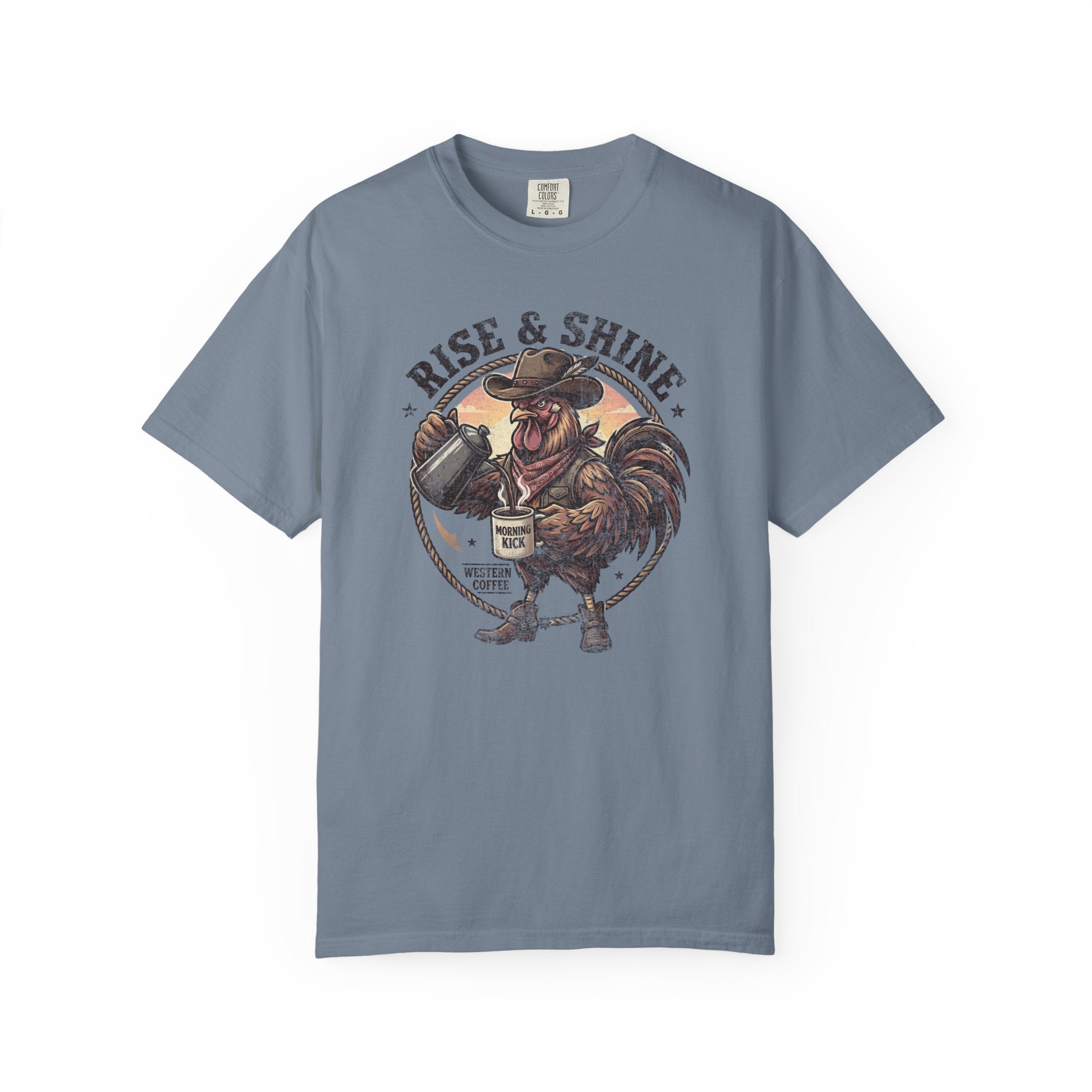 Blue vintage wash t-shirt featuring a graphic of a cowboy rooster pouring coffee.