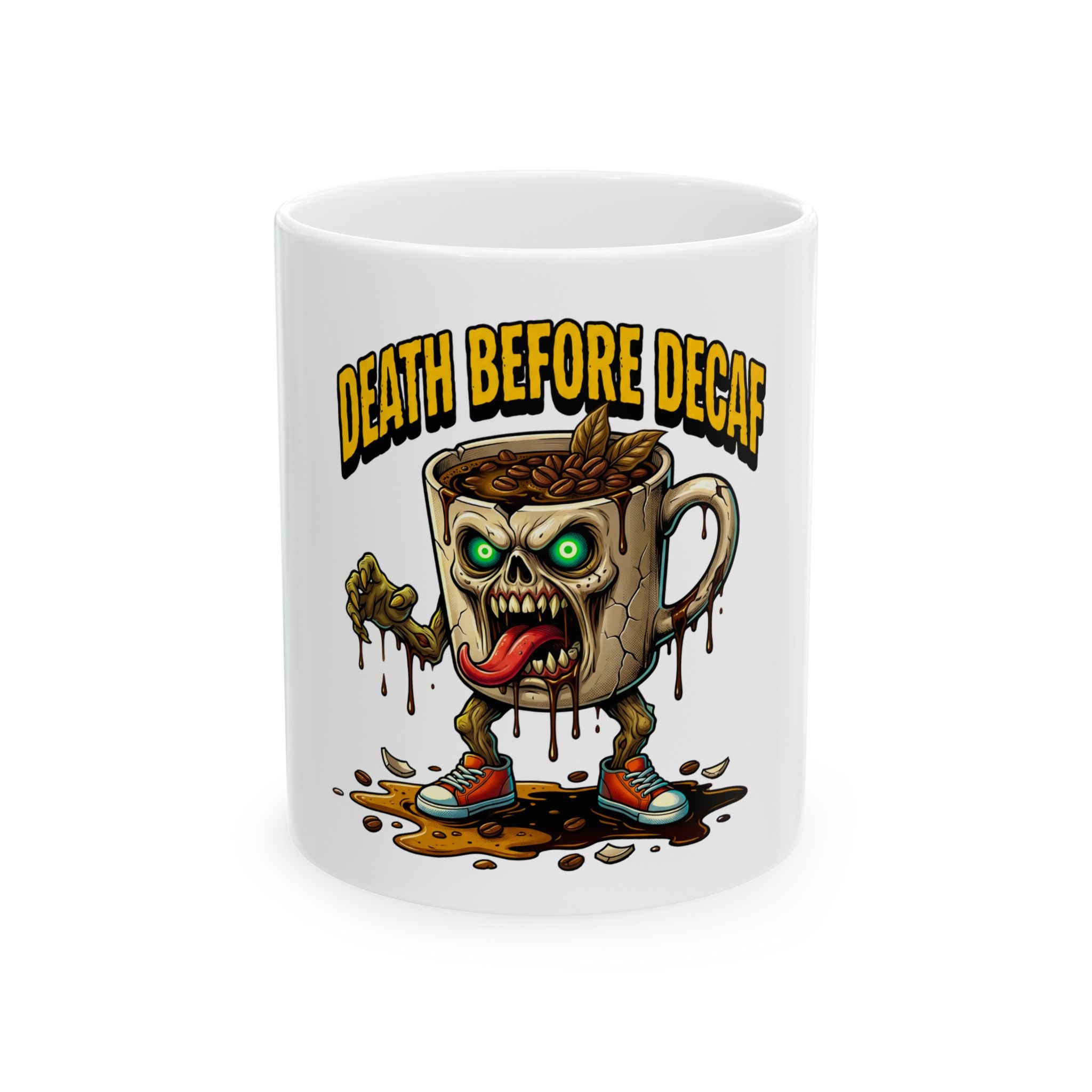 White ceramic coffee mug featuring a cartoon zombie coffee cup character with the text Death Before Decaf.