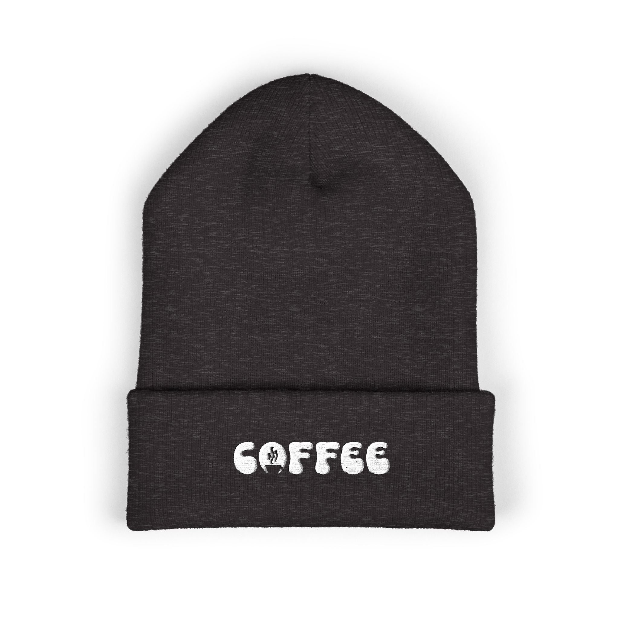 Embroidered "COFFEE" cuffed beanie in dark gray knit.