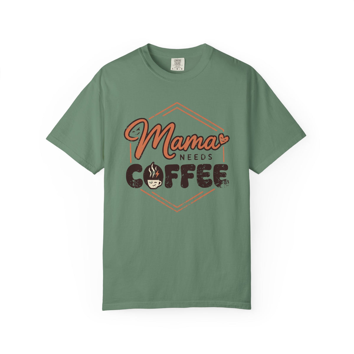 Front view of Light Green Comfort Colors T-shirt with distressed Mama Needs Coffee artwork.