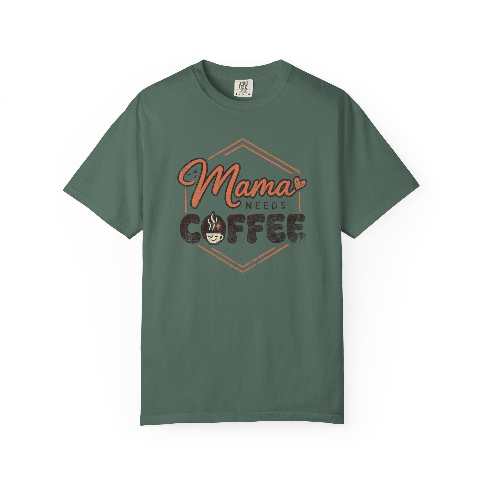Green unisex t-shirt with a distressed Mama Needs Coffee graphic print.