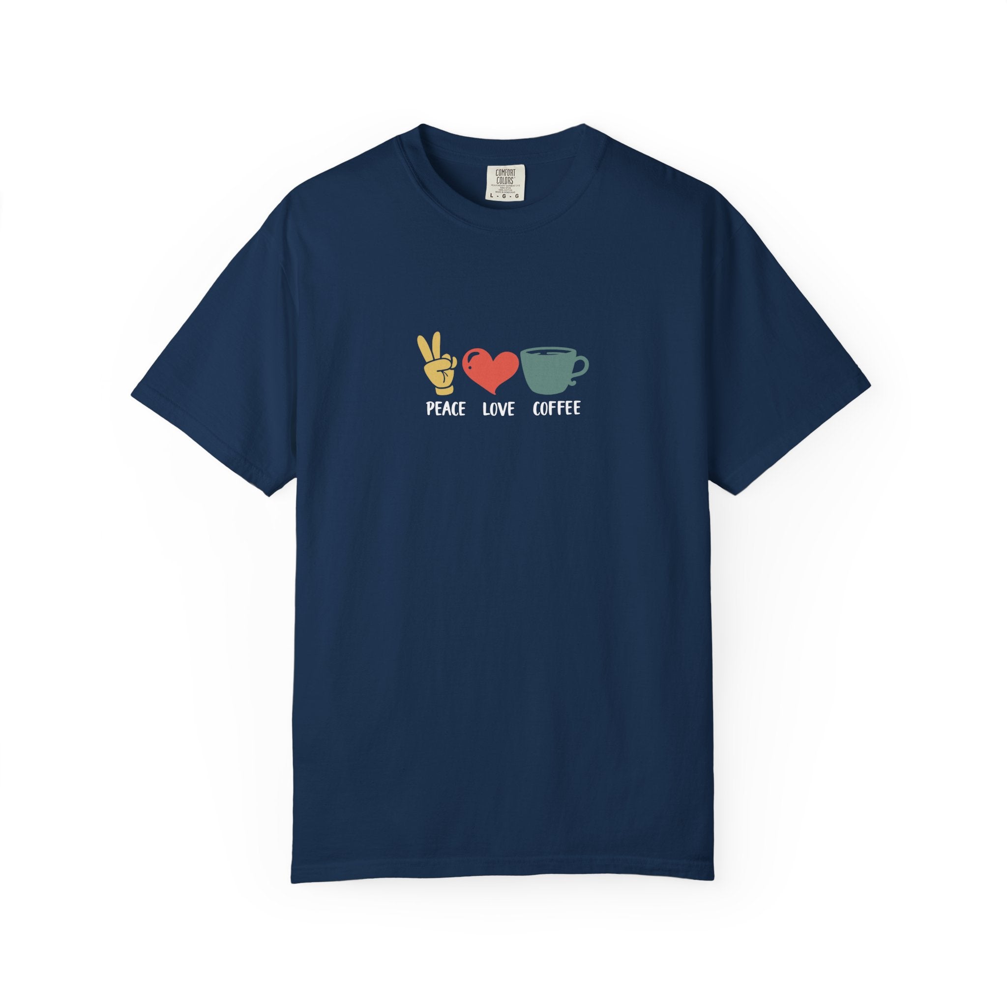 A navy blue heavyweight cotton t-shirt featuring a retro peace sign, heart, and coffee cup graphic.