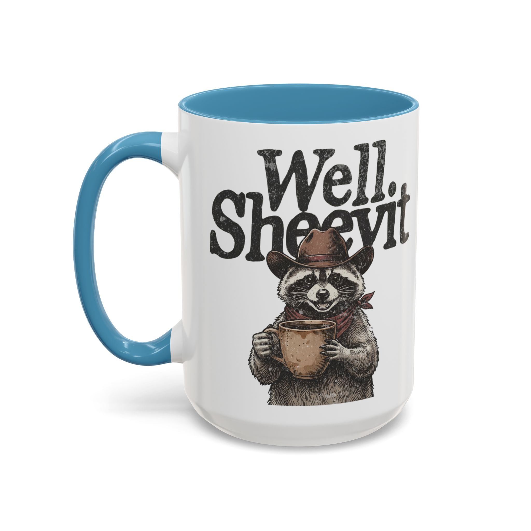 White ceramic mug with a blue handle and rim, featuring a raccoon in a cowboy hat holding a mug.