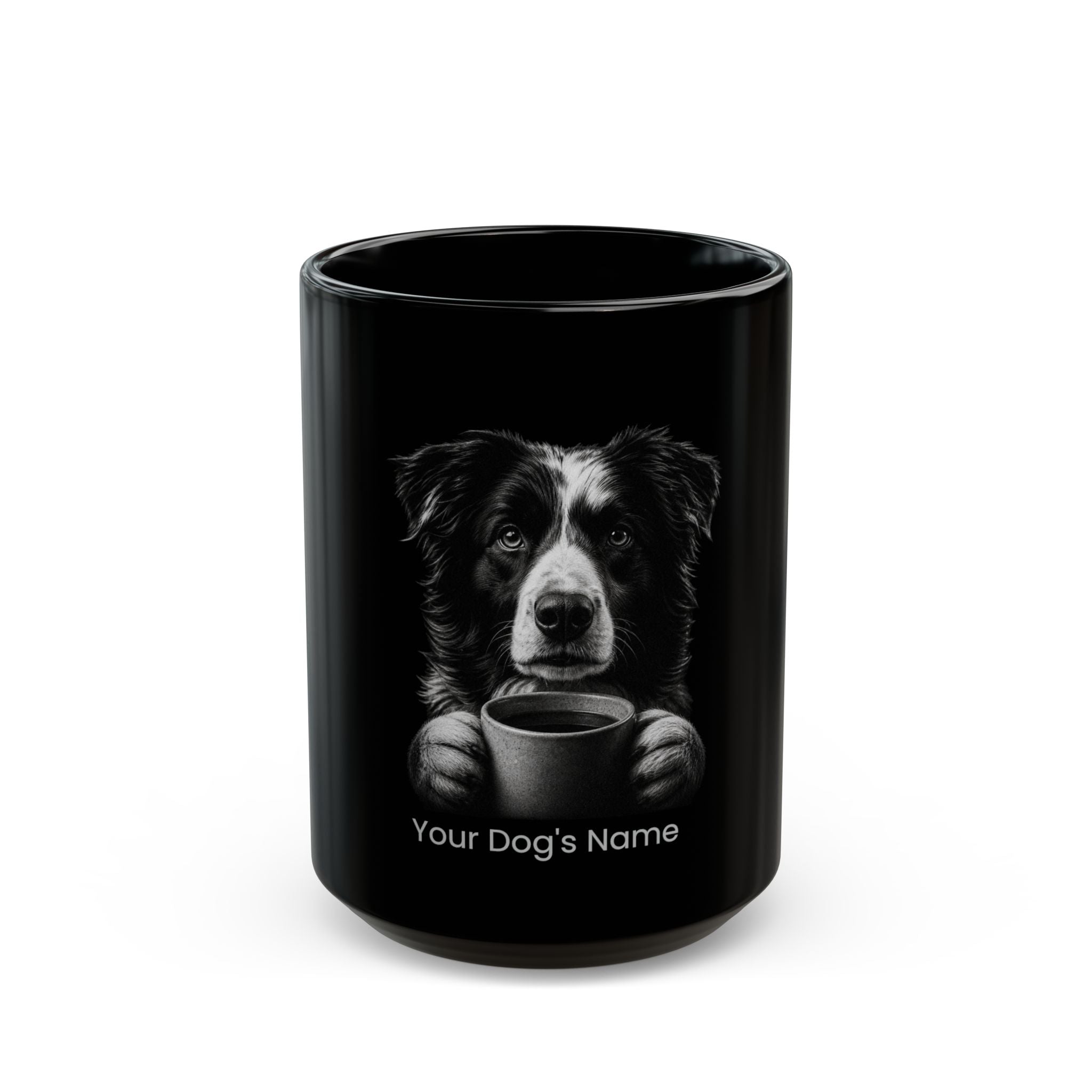Personalized Australian Shepherd black ceramic coffee mug with custom dog name