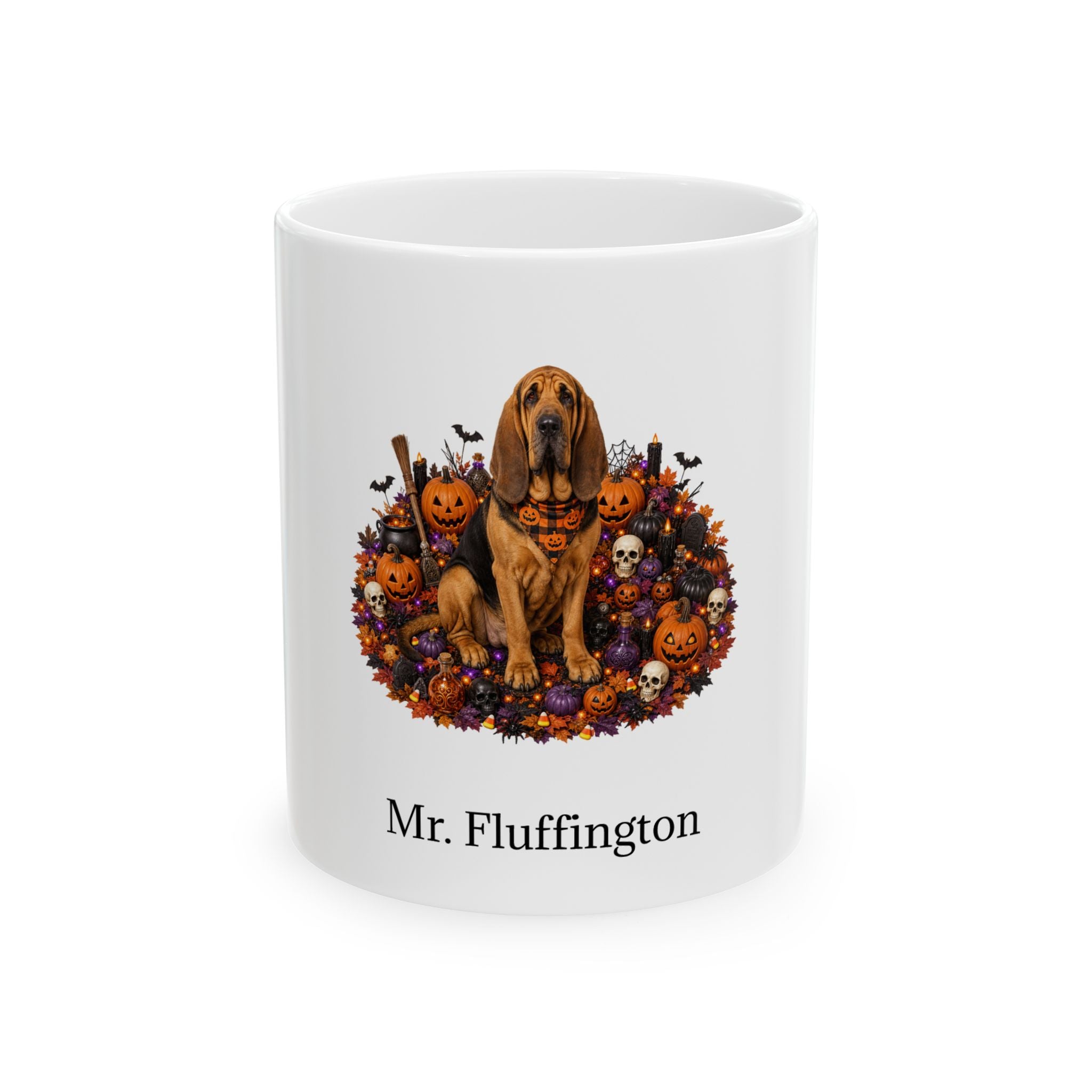 Personalized Bloodhound dog Halloween mug, 11oz white ceramic, with custom pet name on front