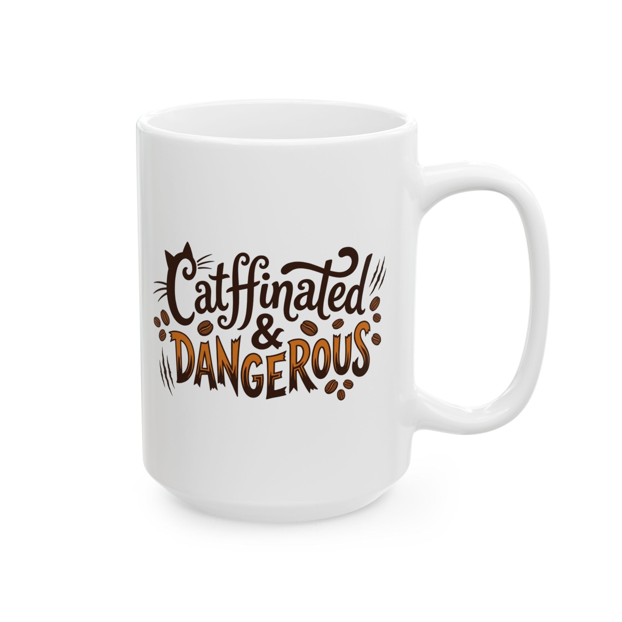 White ceramic mug featuring the text Catffinated & Dangerous with cat-themed graphics.