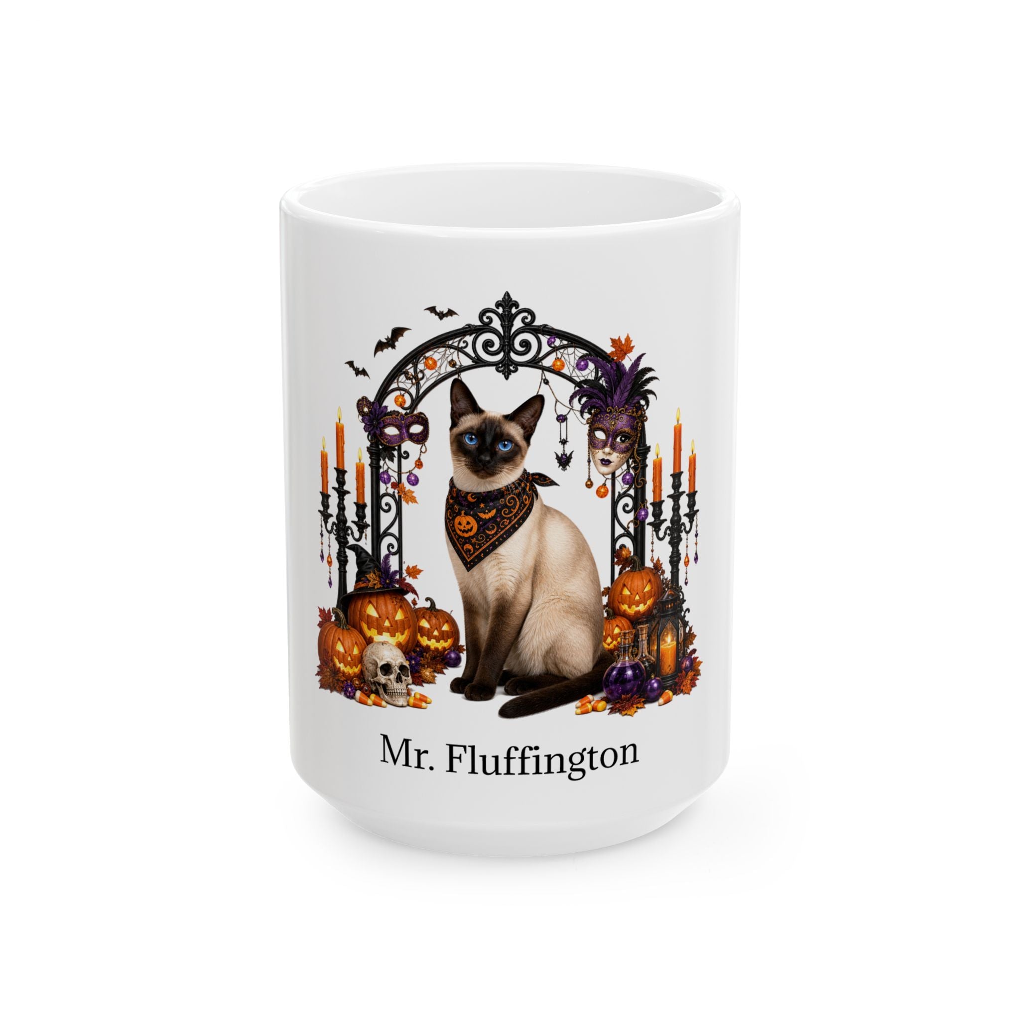Angled Siamese cat Halloween mug with personalized pet name and fall design — image 3
