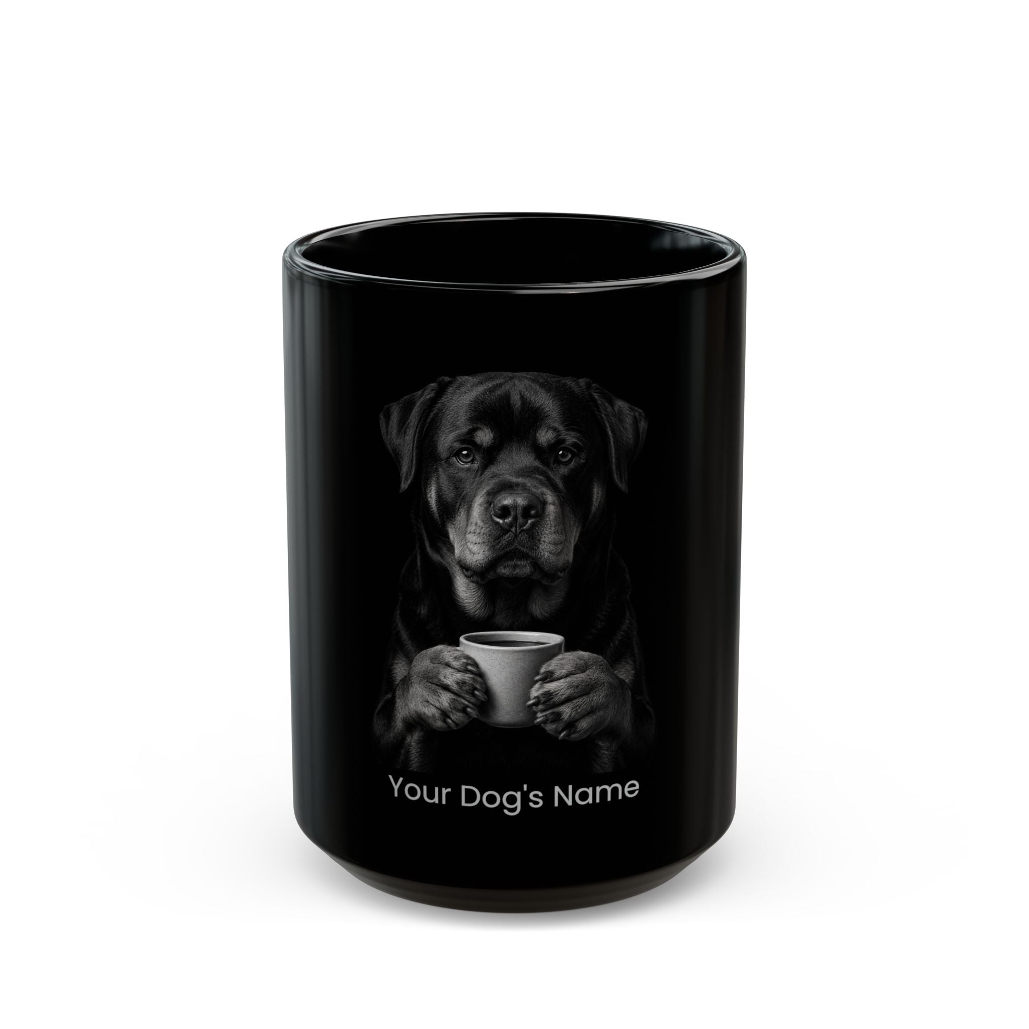 Personalized Rottweiler black ceramic coffee mug with custom dog name
