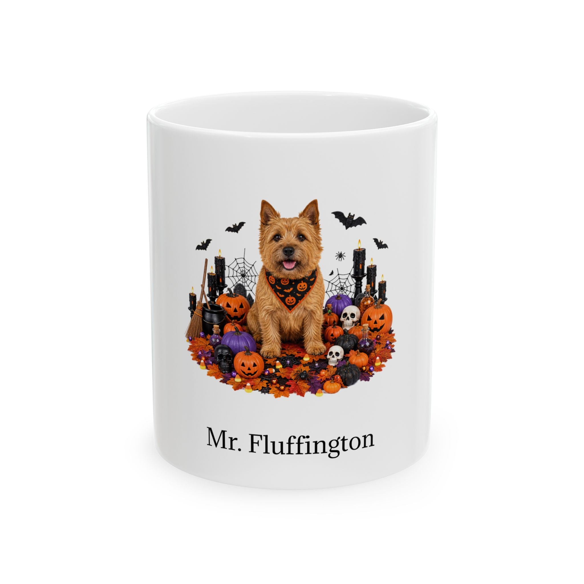 Personalized Norwich Terrier dog Halloween mug, 11oz white ceramic, with custom pet name on front