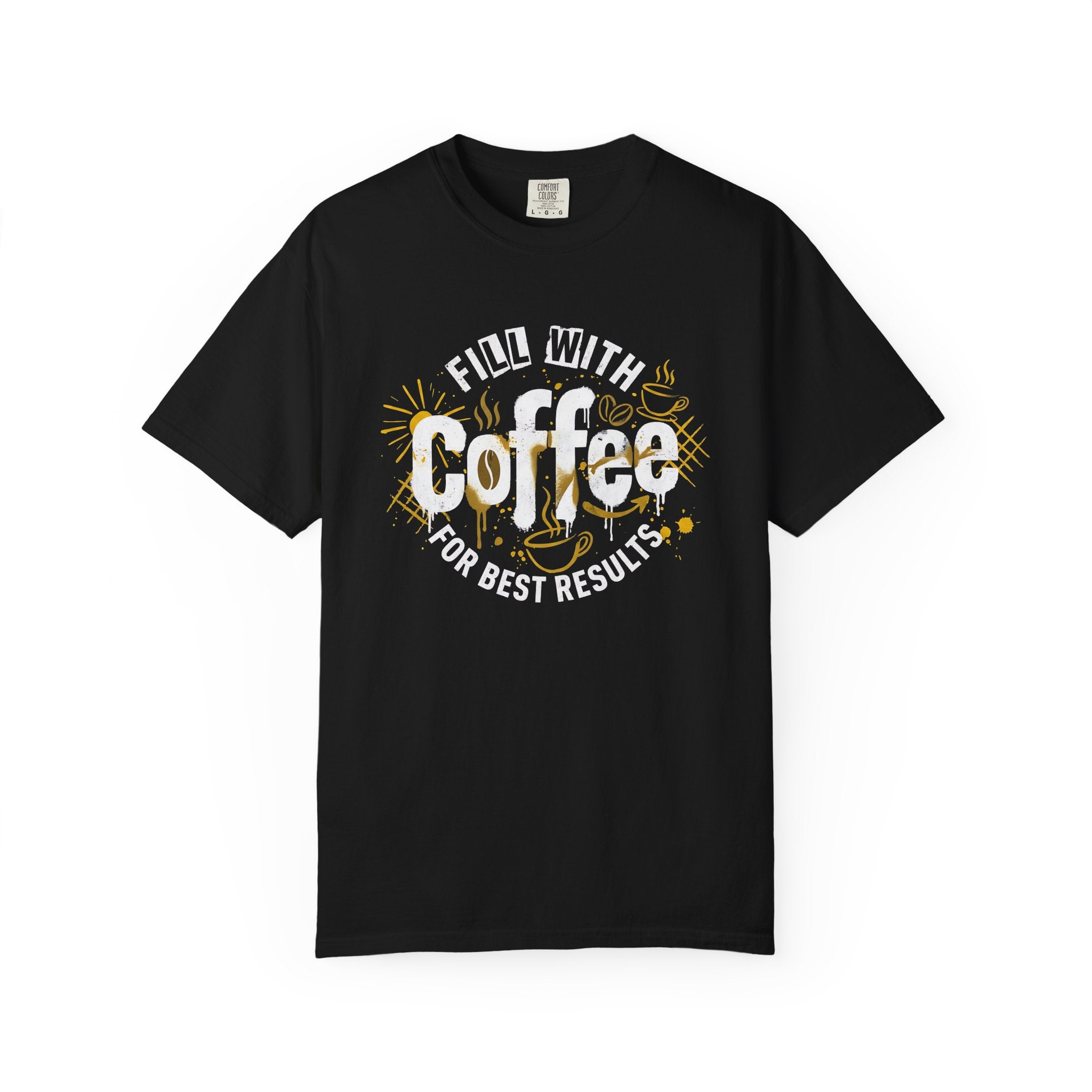 A black short-sleeved cotton t-shirt featuring a retro coffee-themed graphic on the chest.
