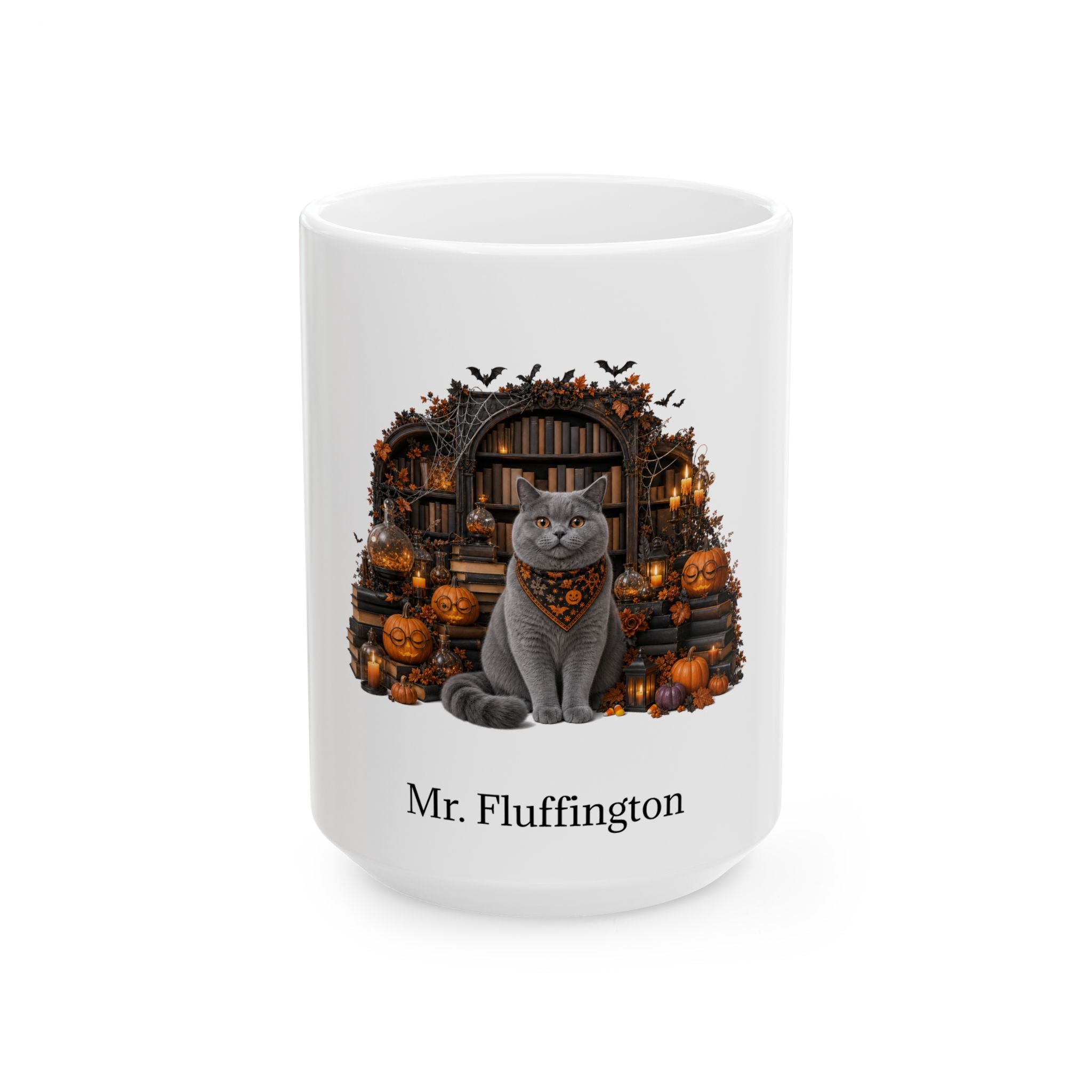 Personalized Chartreux cat Halloween mug, 15oz white ceramic, with custom pet name on front