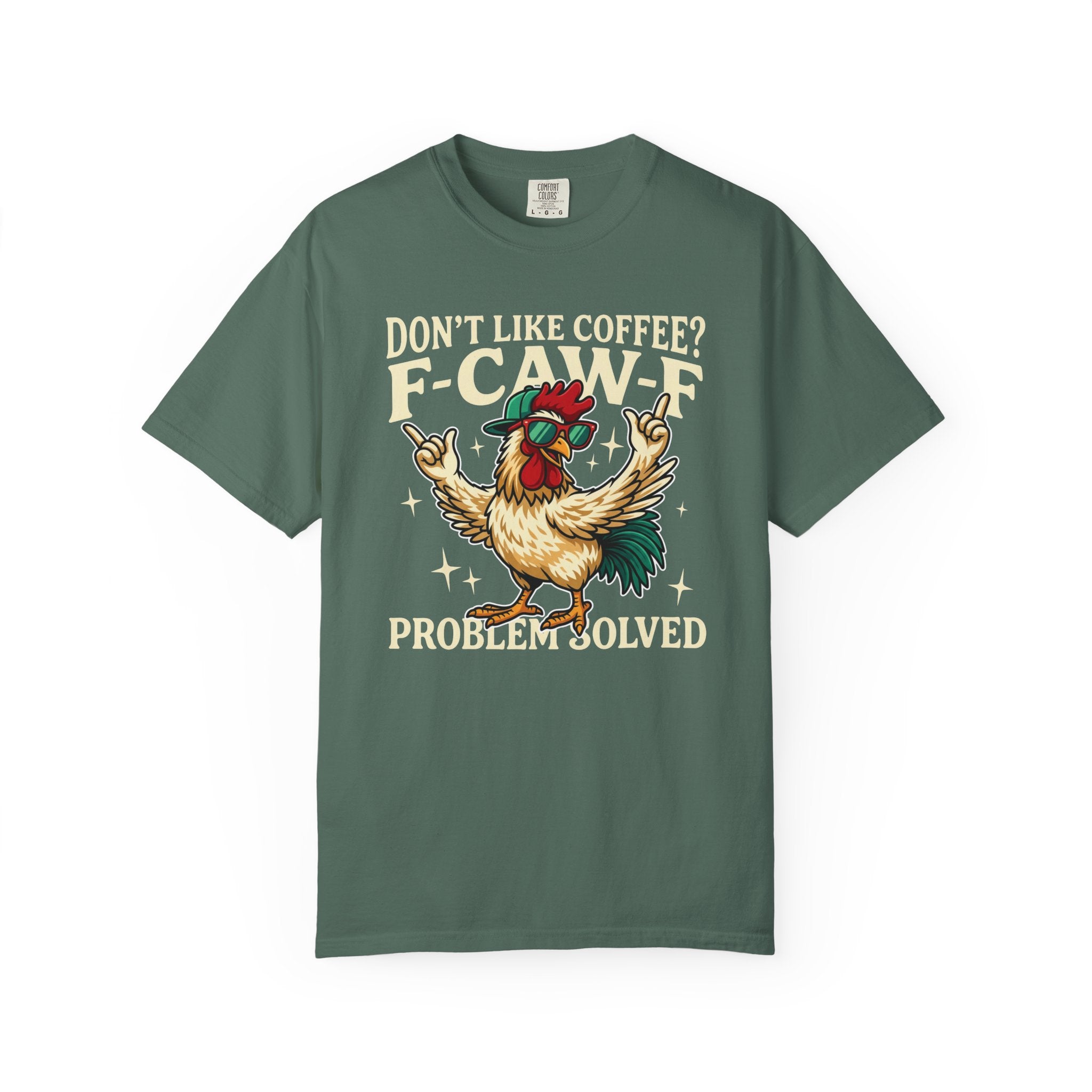 Green crewneck t-shirt featuring a graphic of a rooster wearing sunglasses and a baseball cap.