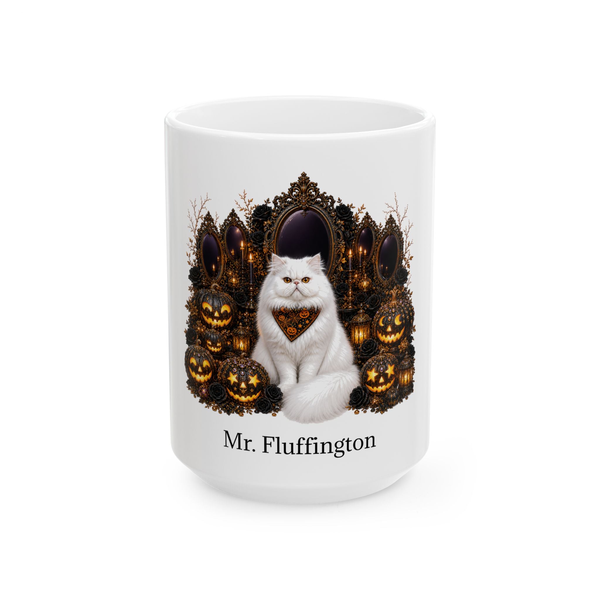 Angled Persian cat Halloween mug with personalized pet name and fall design — image 3