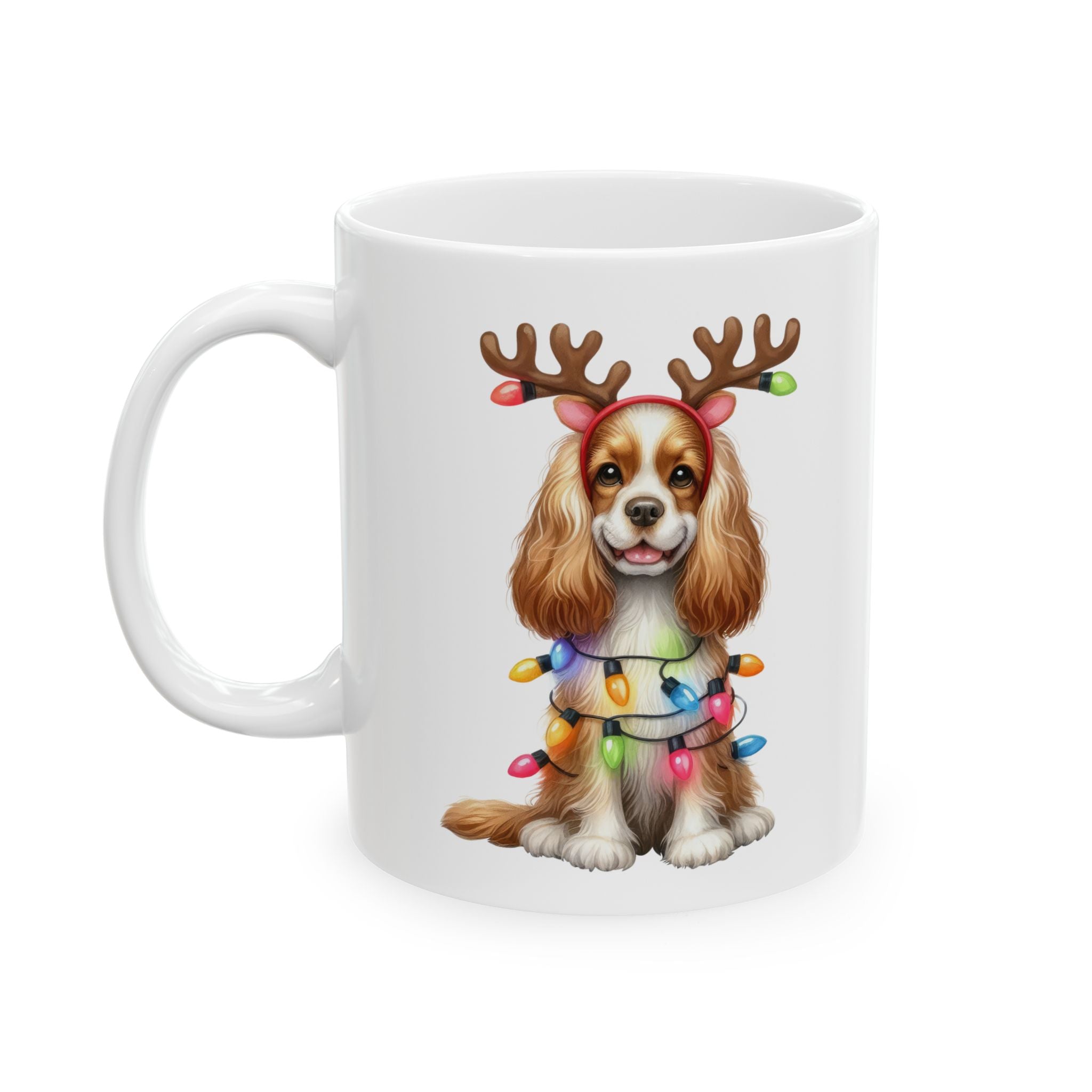 White ceramic mug featuring an American Cocker Spaniel wearing reindeer antlers and Christmas lights.