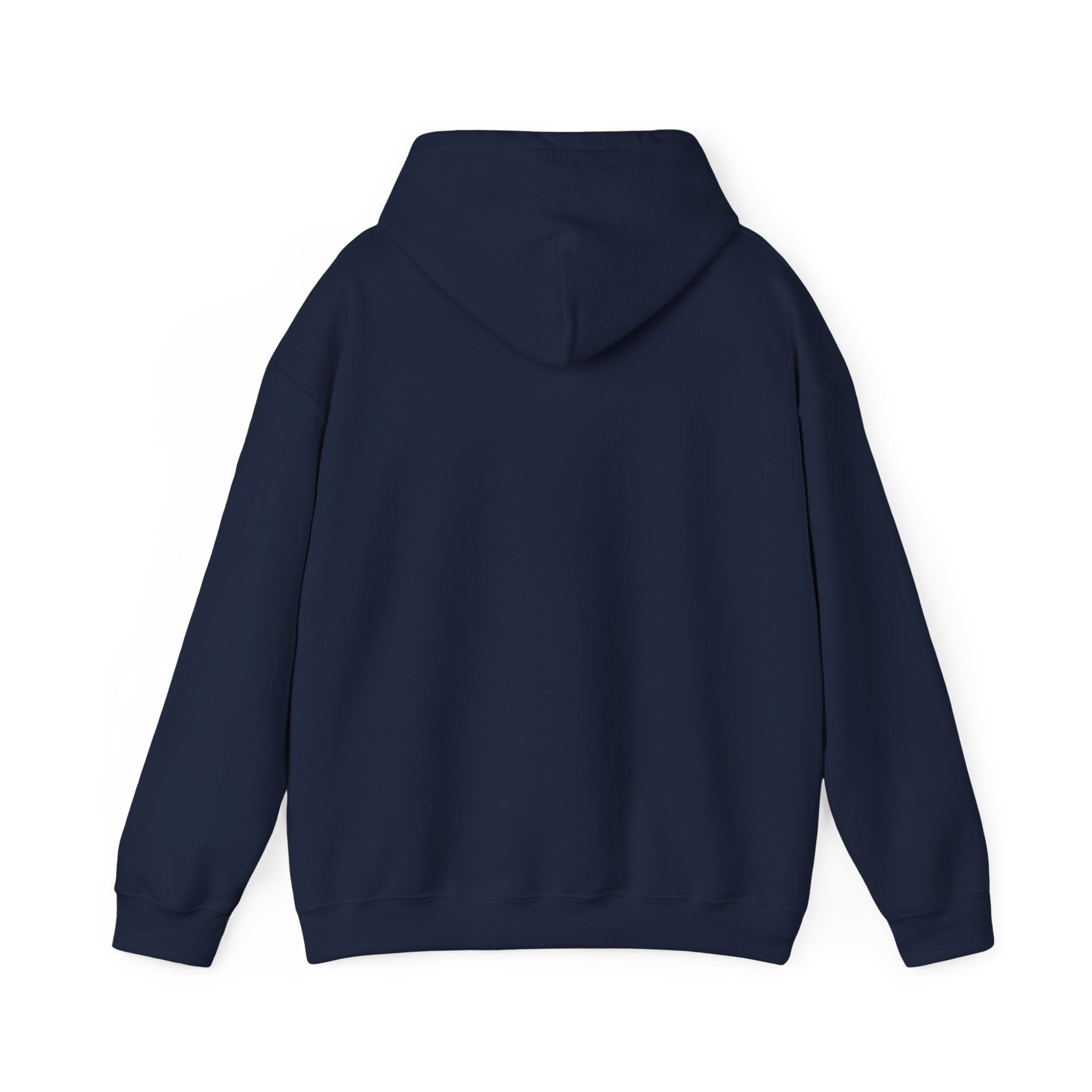 A navy blue hooded sweatshirt, viewed from the back.
