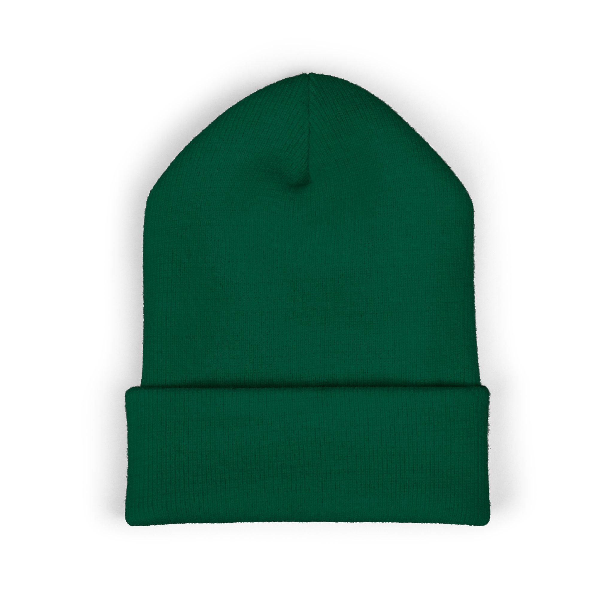 Green cuffed knit beanie with embroidered coffee cup detail.