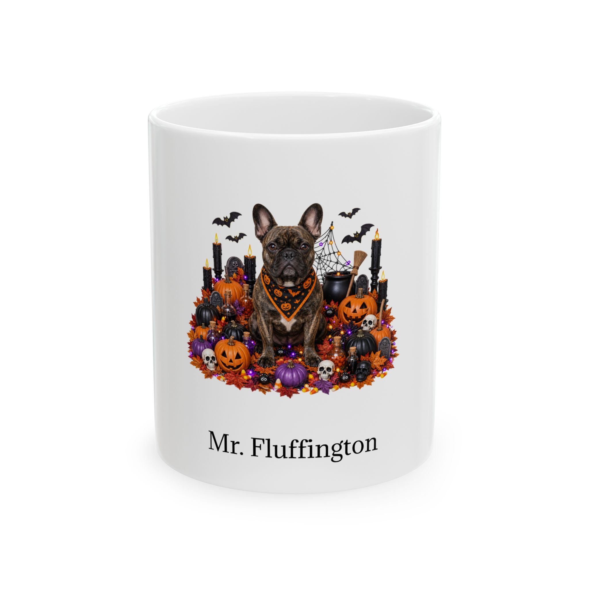 Personalized French Bulldog Halloween mug, 11oz white ceramic, with custom pet name on front