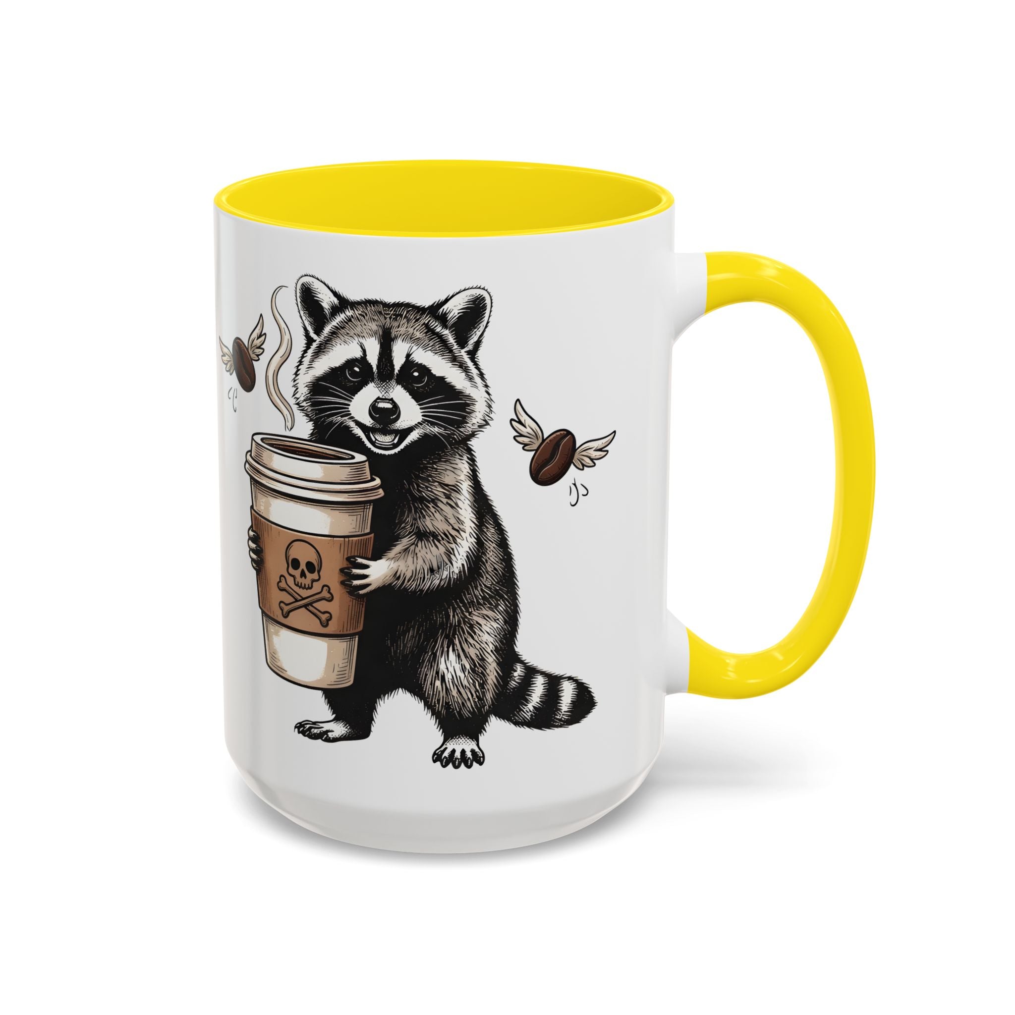 White ceramic mug with a yellow handle and interior featuring a raccoon holding a coffee cup.