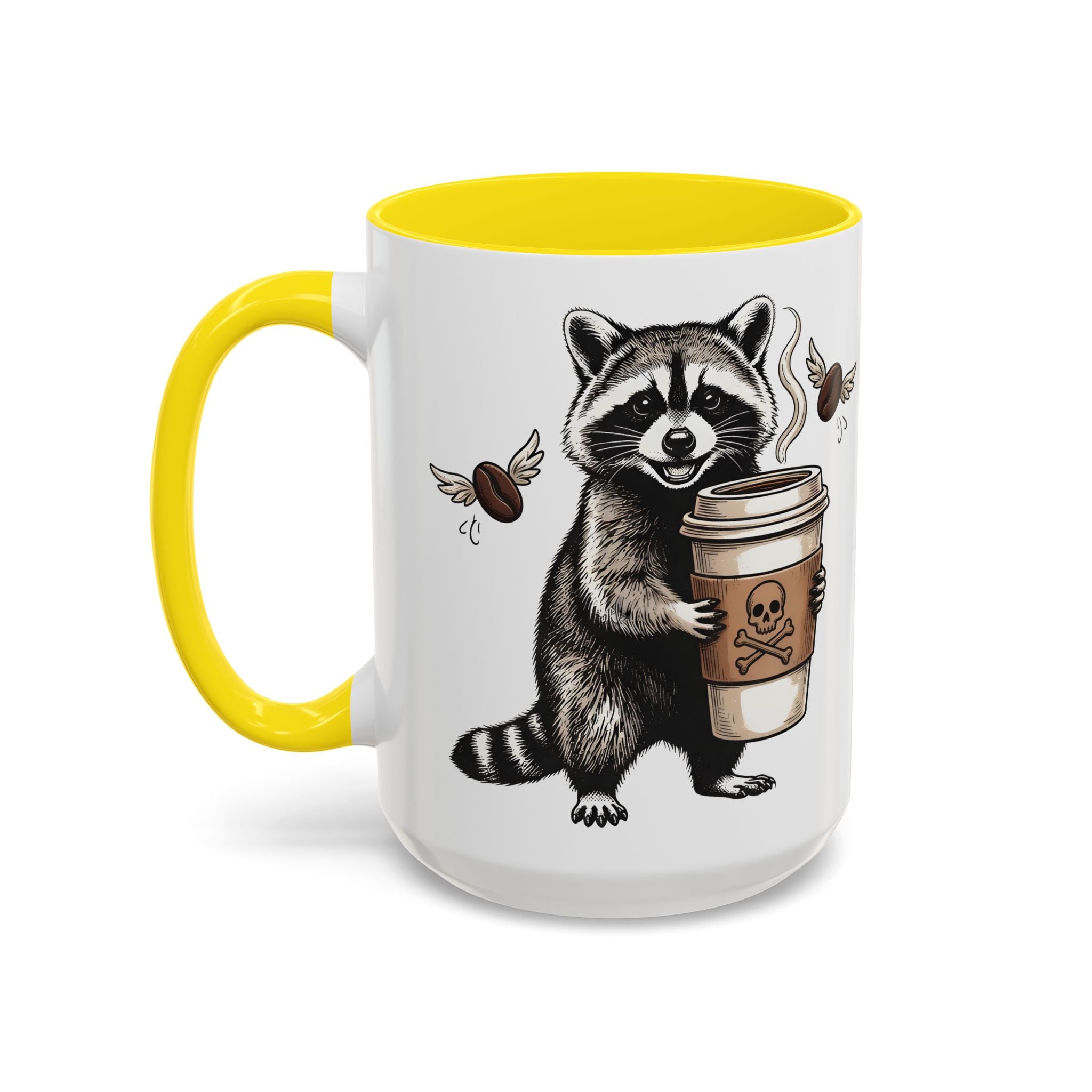 White ceramic mug with a yellow handle and interior, featuring a raccoon holding a coffee cup.