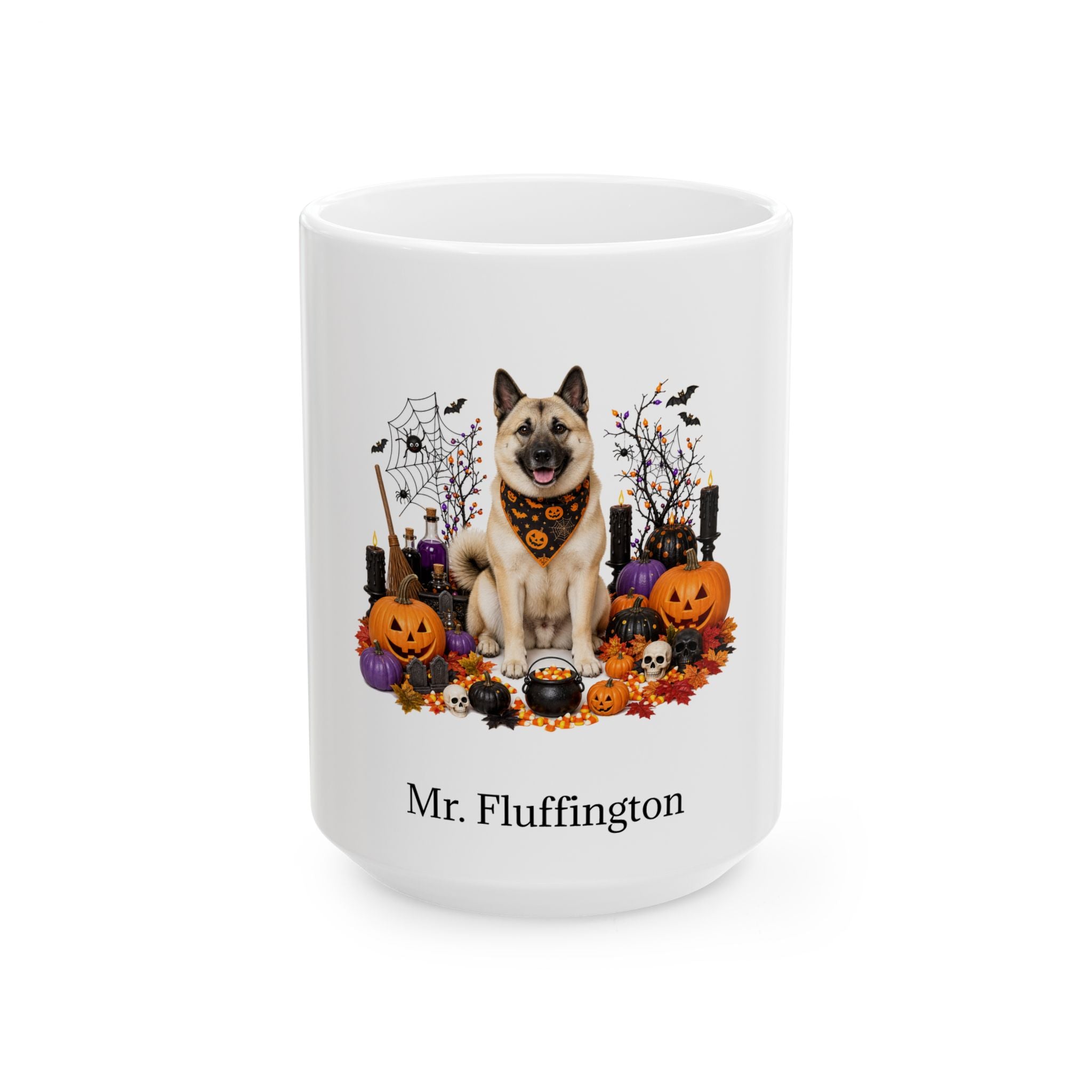 Personalized Norwegian Buhund dog Halloween mug, 15oz white ceramic, with custom pet name on front