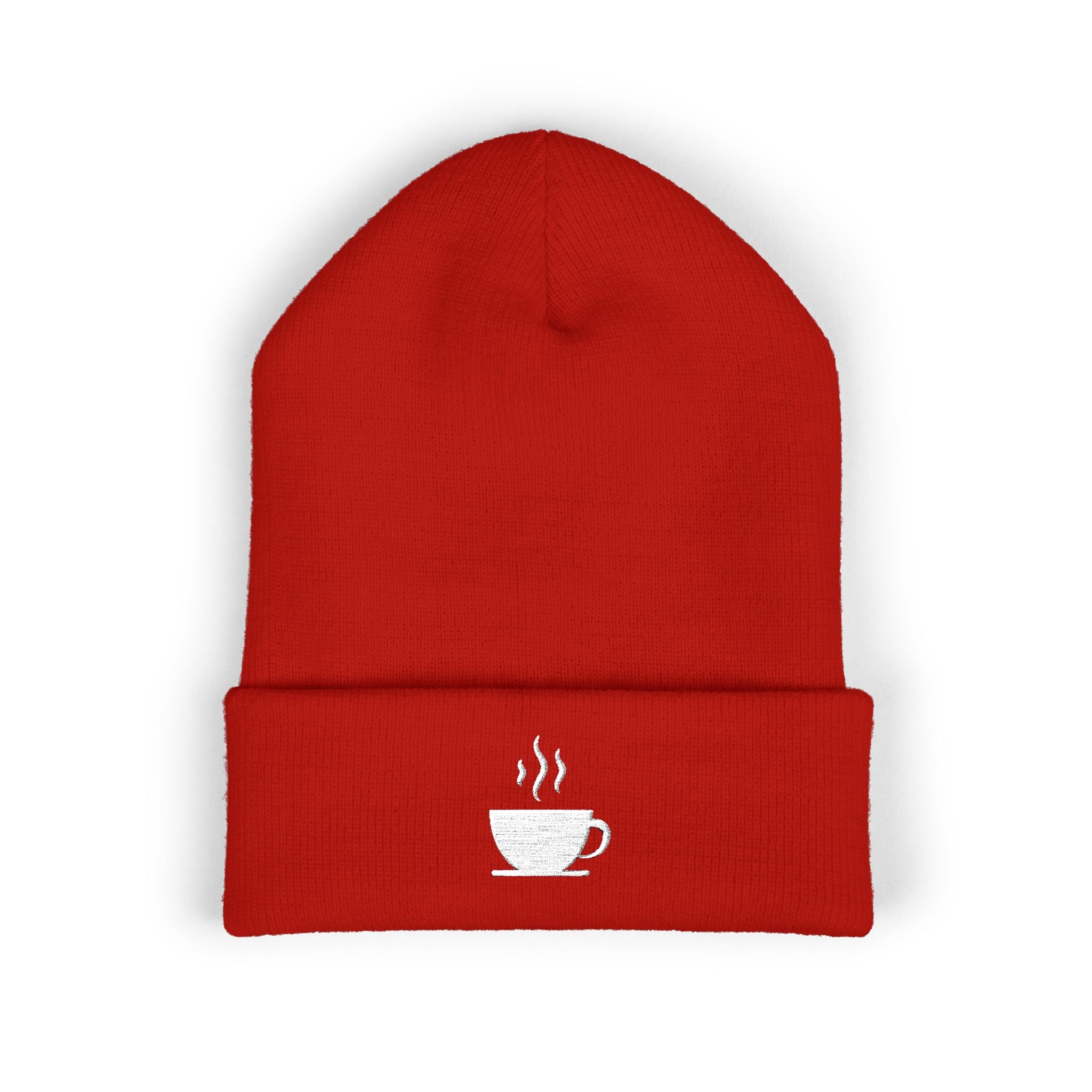 Red cuffed beanie with embroidered white steaming coffee cup.
