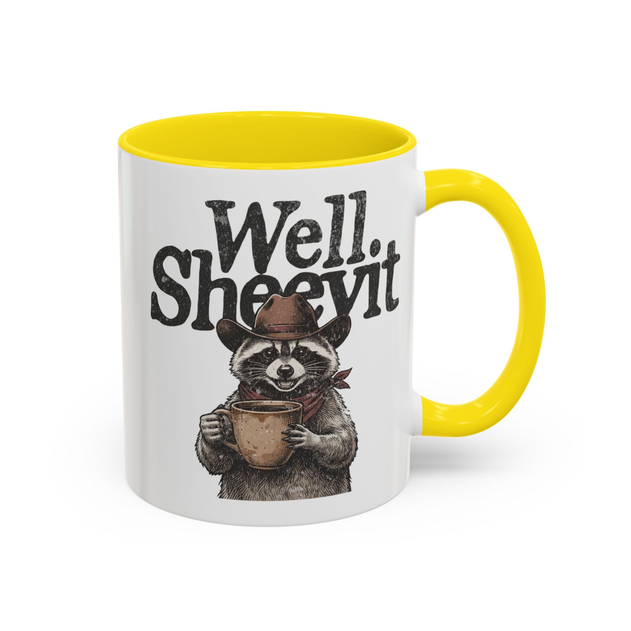 White ceramic mug with a yellow handle and rim, featuring a raccoon in a cowboy hat holding a mug.