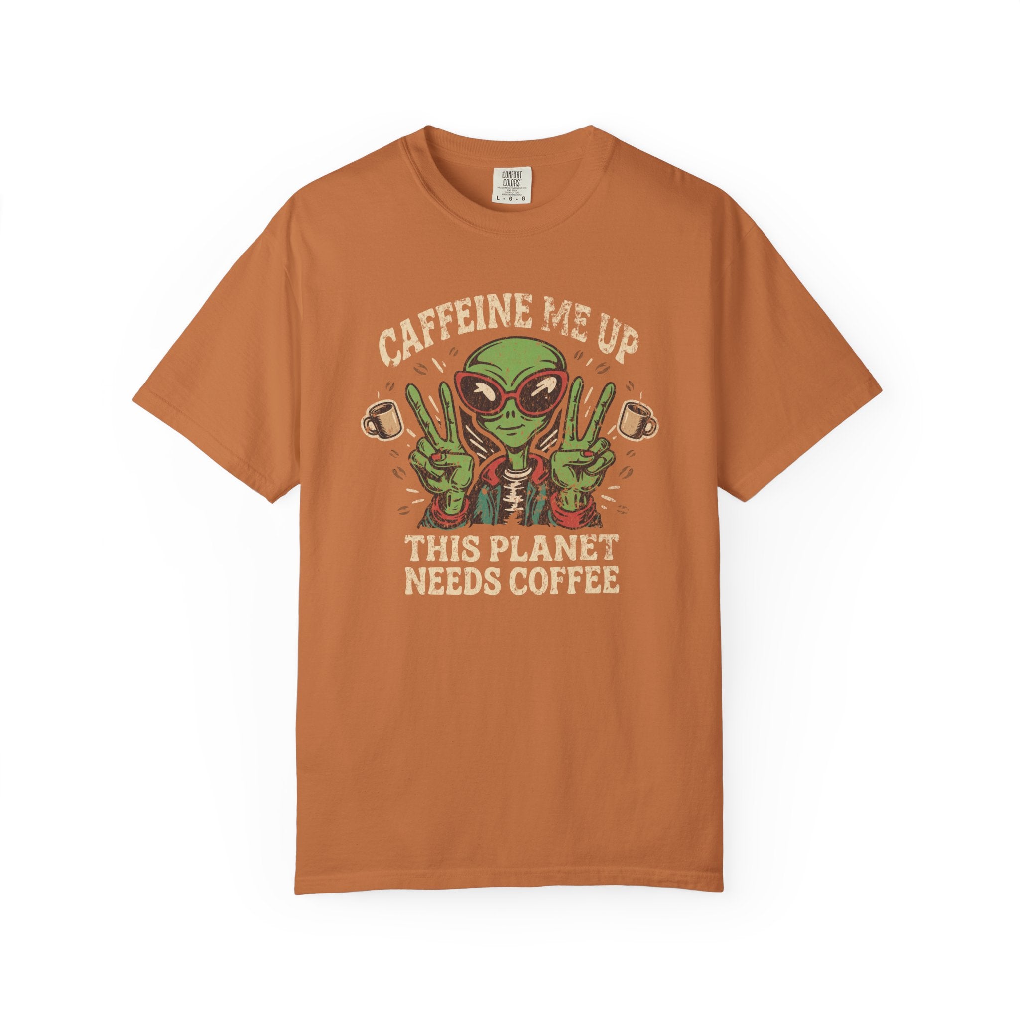 Orange unisex cotton t-shirt with a distressed graphic of an alien making peace signs with coffee.