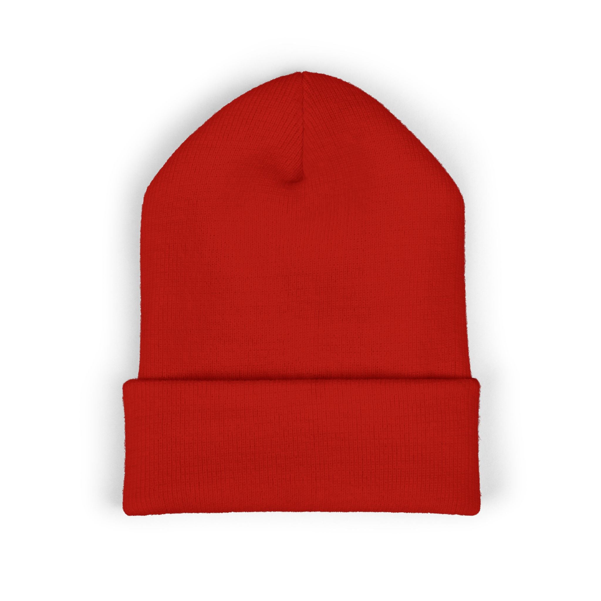 Red cuffed knit beanie with embroidered "COFFEE" text.
