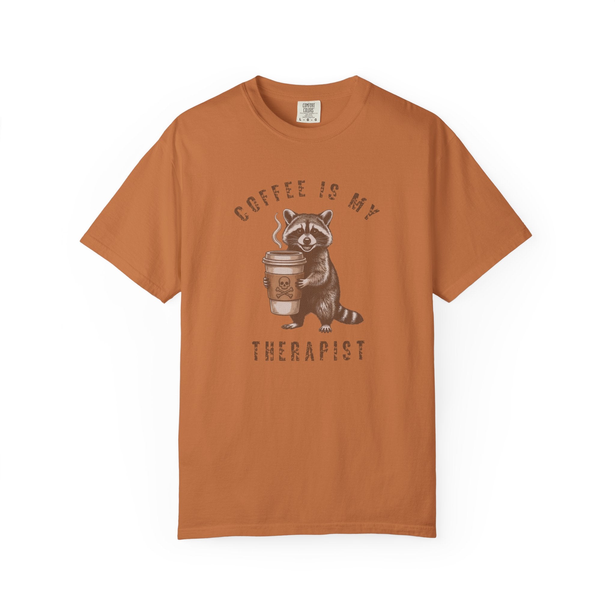Orange unisex cotton t-shirt featuring a raccoon holding a coffee cup with a skull and crossbones.