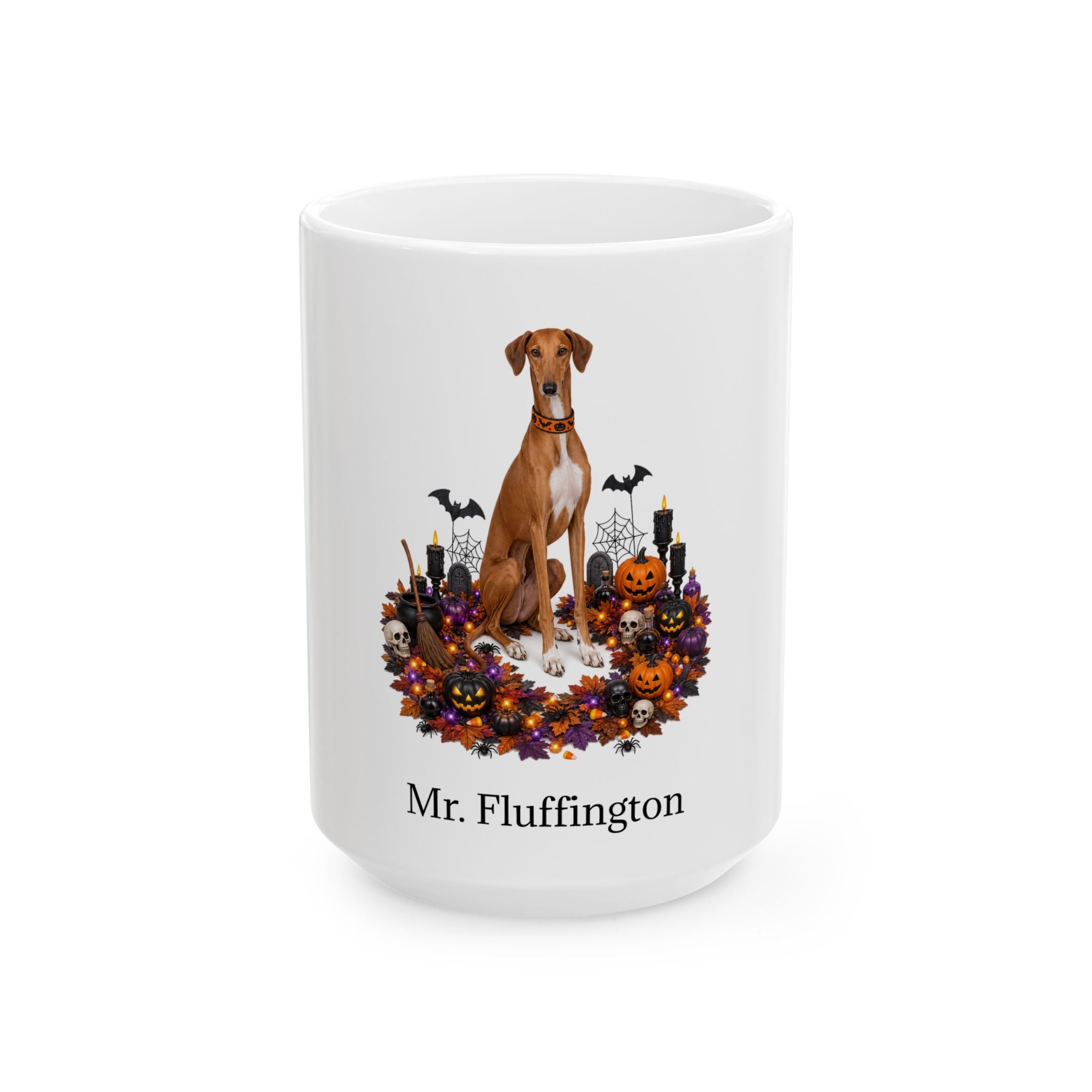 Angled Azawakh dog Halloween mug with personalized pet name and fall design — image 3