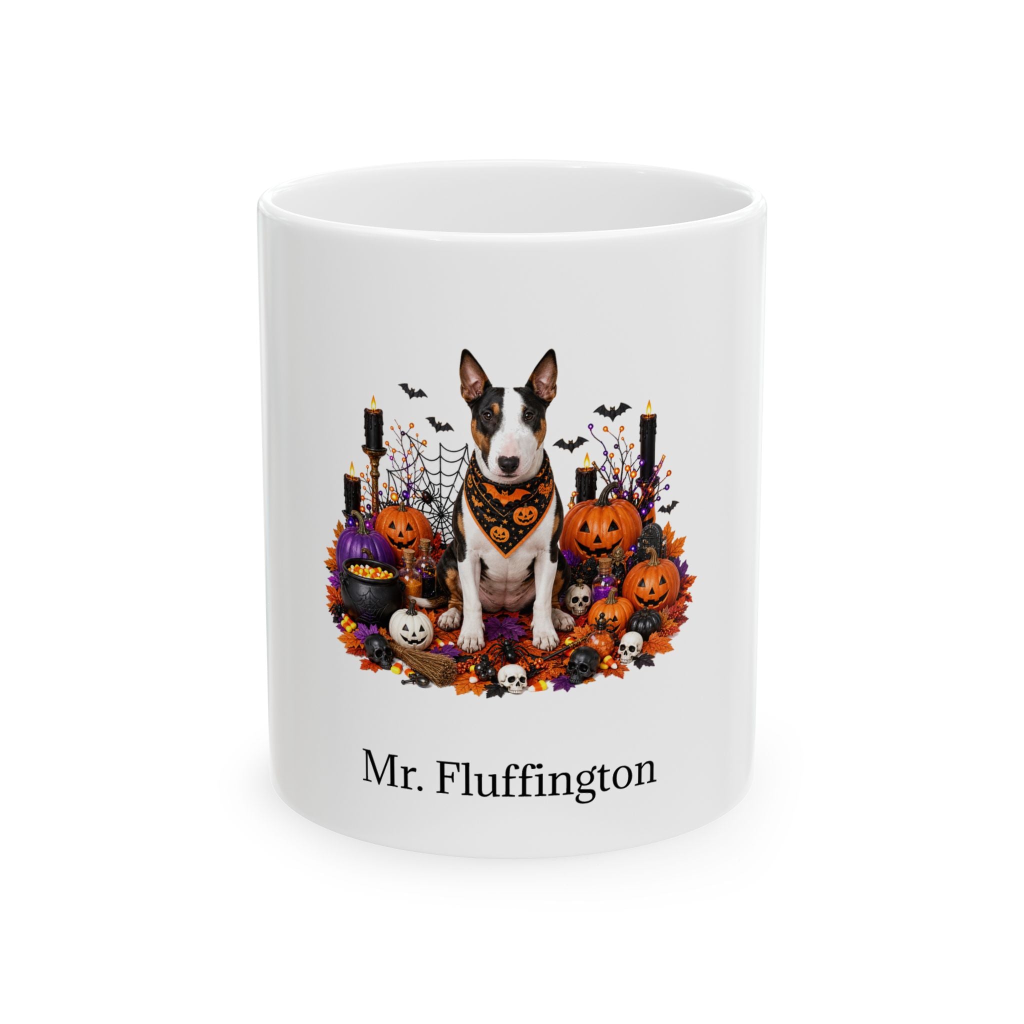 Personalized Miniature Bull Terrier dog Halloween mug, 15oz white ceramic, with custom pet name on front