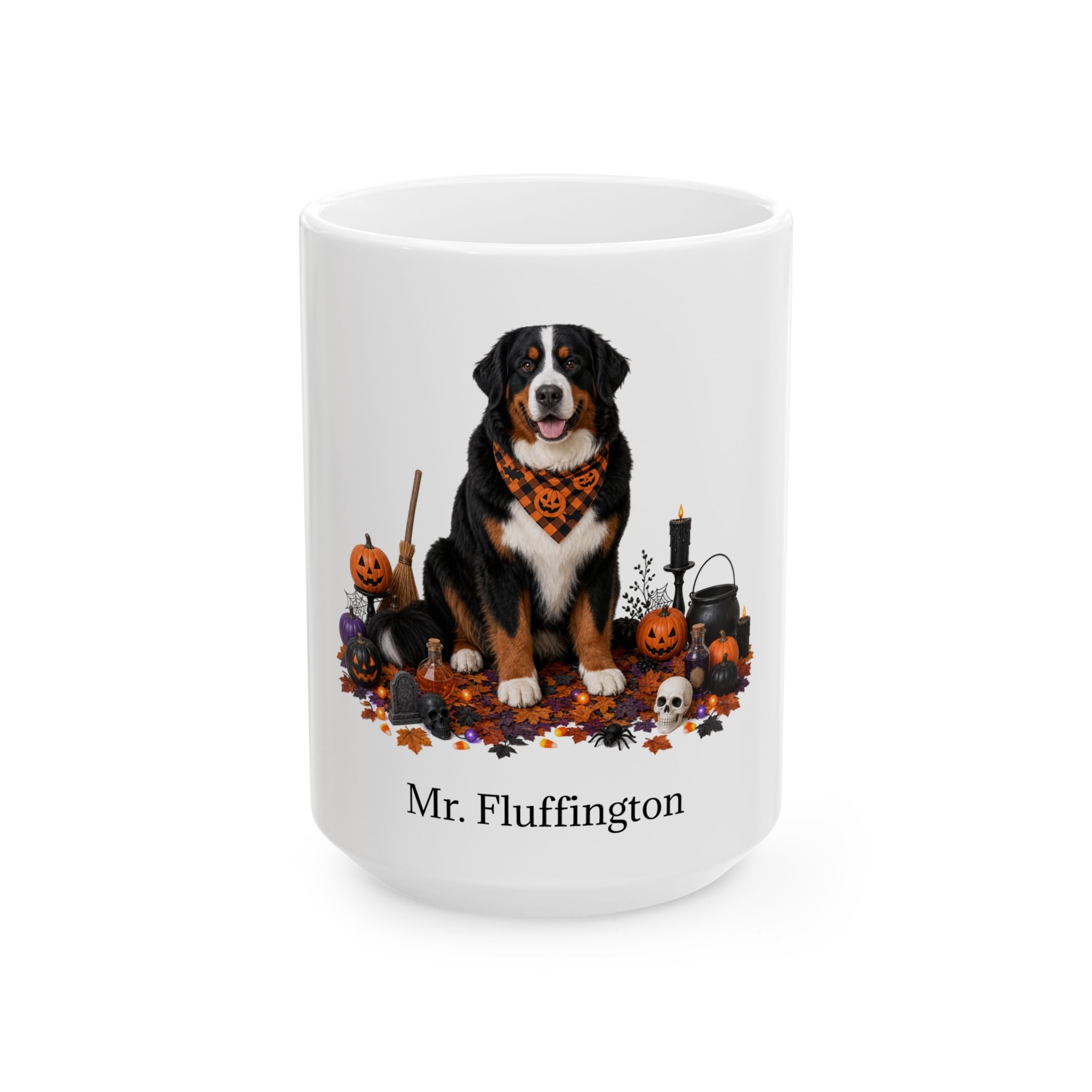 Angled view of white personalized Bernese Mountain Dog Halloween mug with orange bandana artwork
