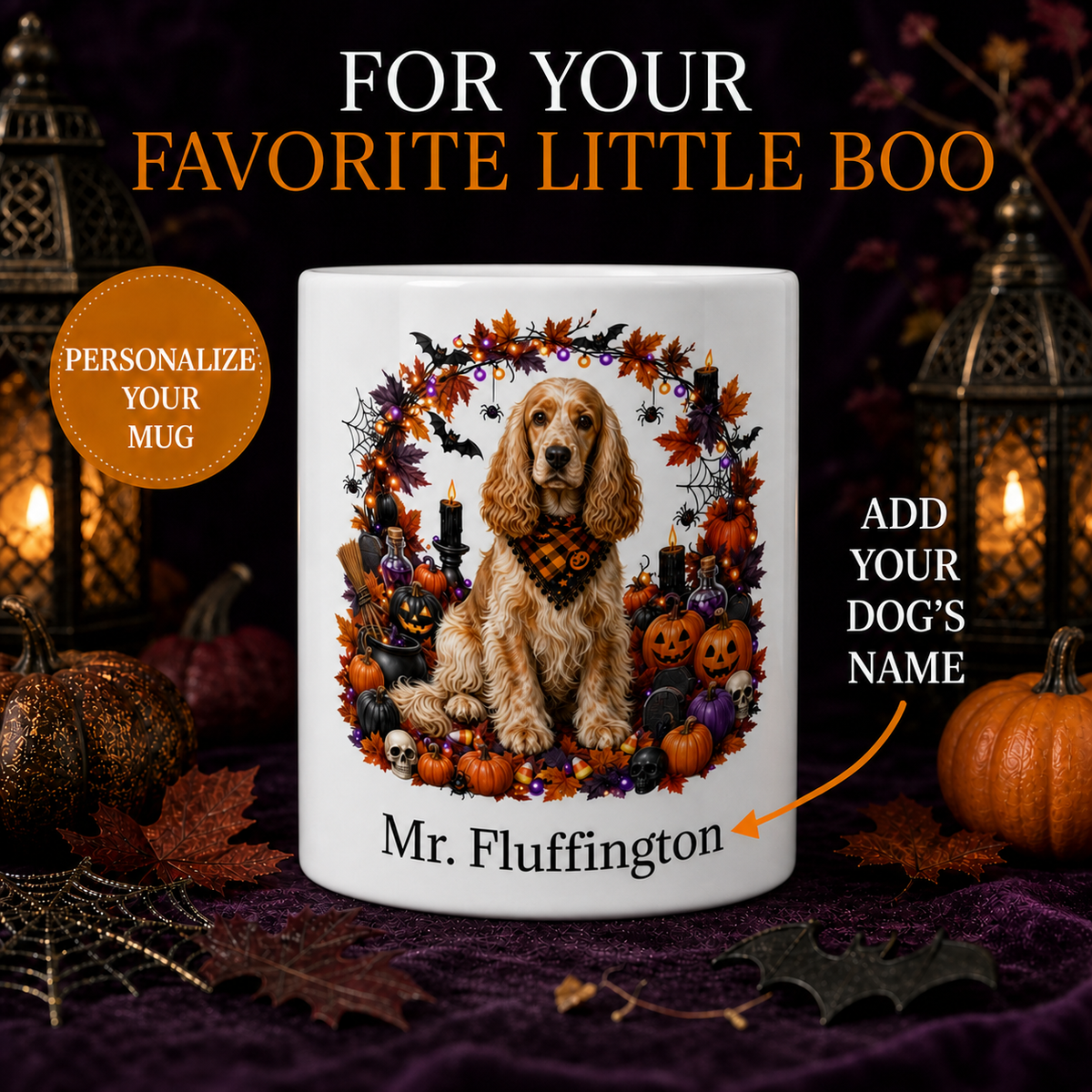Personalized English Cocker Spaniel Halloween Mug – Custom Name Gift – front view with no handle