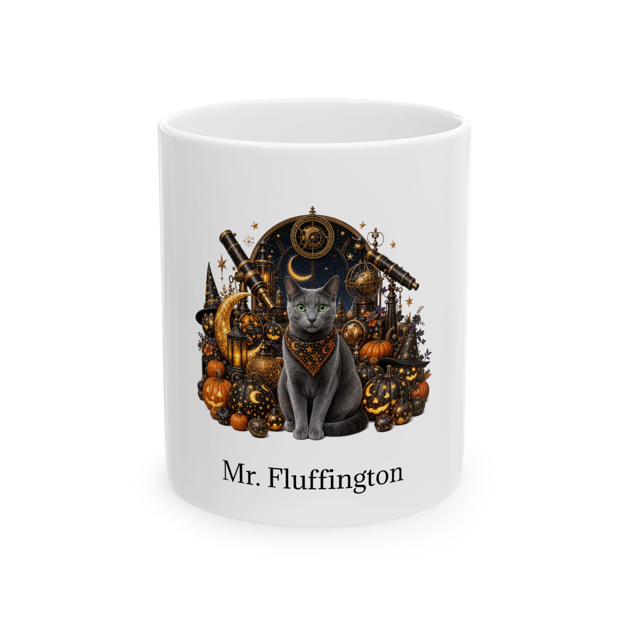 Personalized Korat cat Halloween mug, 11oz white ceramic, with custom pet name on front