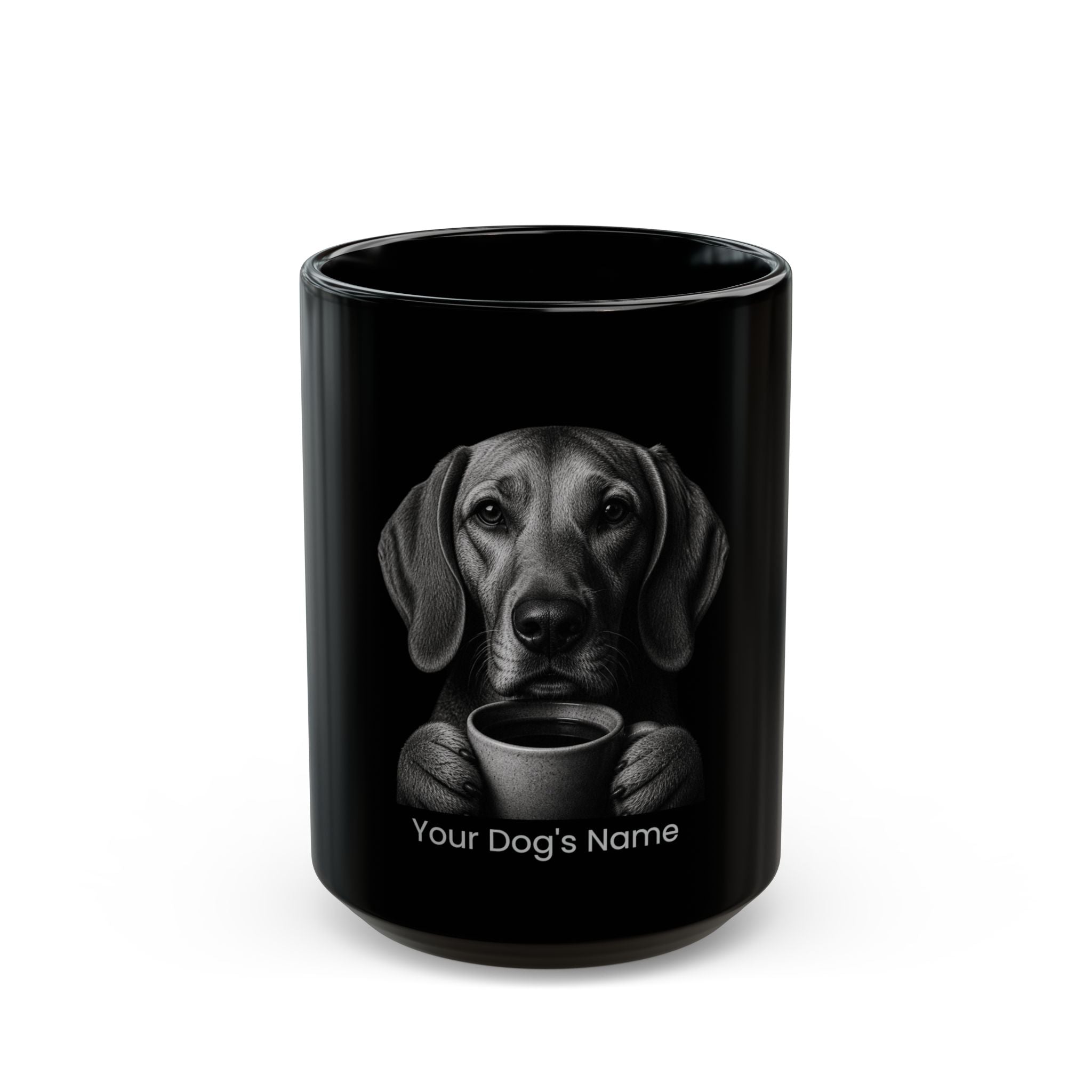 Personalized Redbone Coonhound black ceramic coffee mug with custom dog name