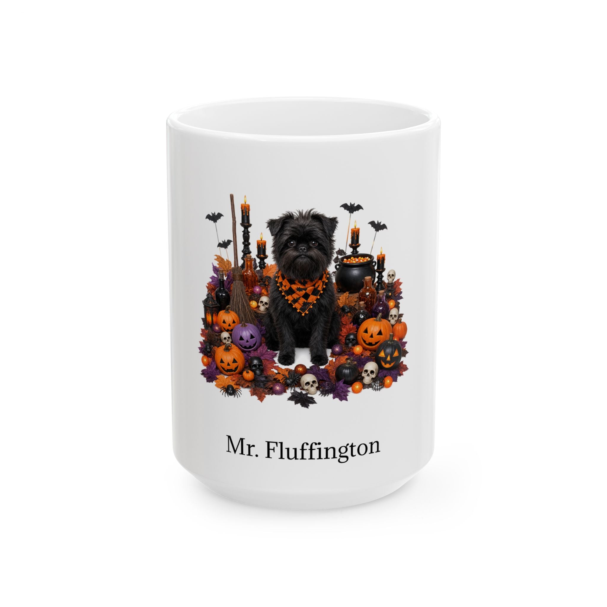 Personalized Affenpinscher dog Halloween mug, 15oz white ceramic, with custom pet name on front