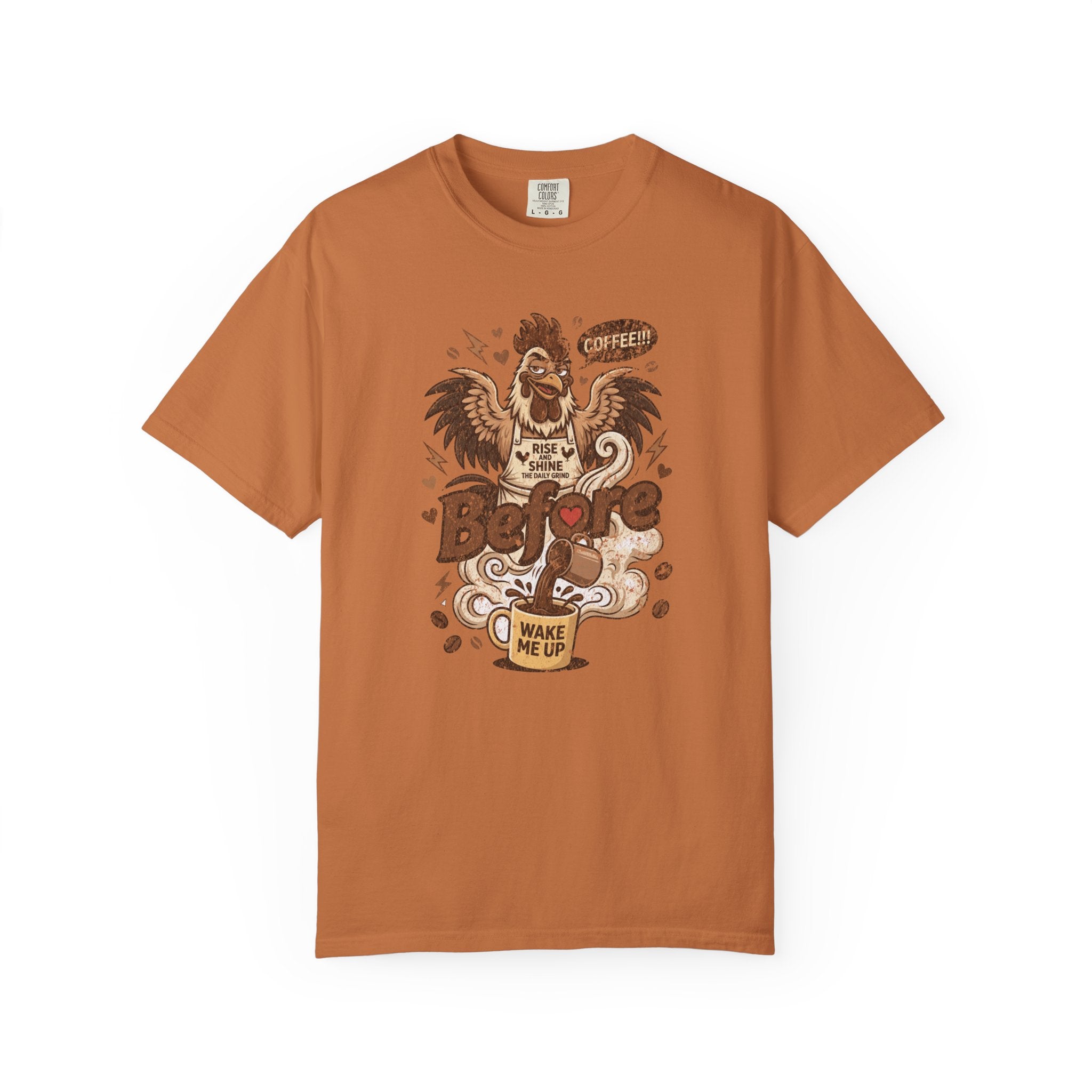 Rust-colored unisex cotton t-shirt featuring a distressed graphic of a rooster pouring coffee.