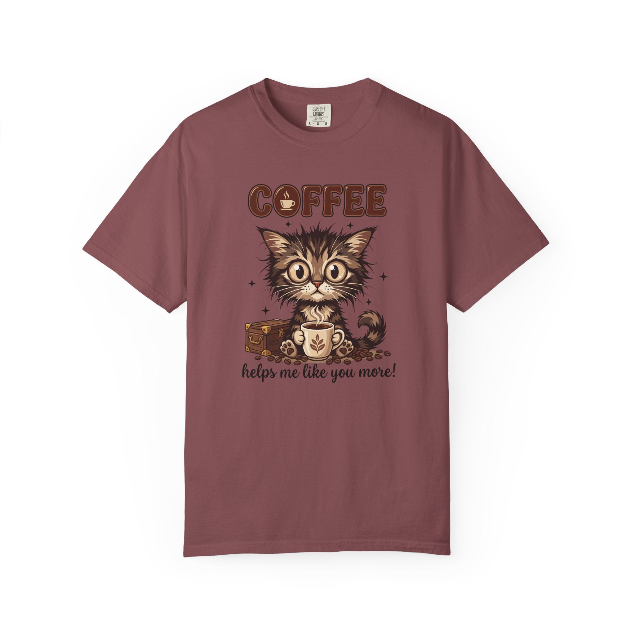 A maroon unisex t-shirt featuring a cute kitten holding a coffee mug with the text COFFEE.