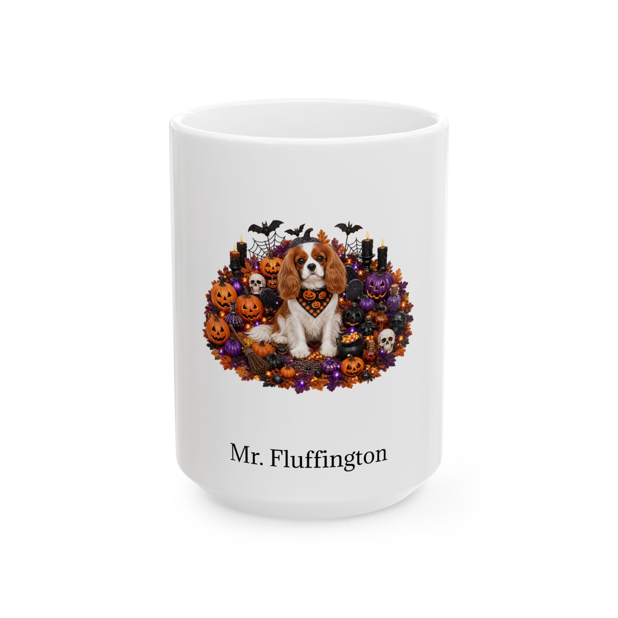 Personalized Cavalier King Charles Spaniel dog Halloween mug, 11oz white ceramic, with custom pet name on front