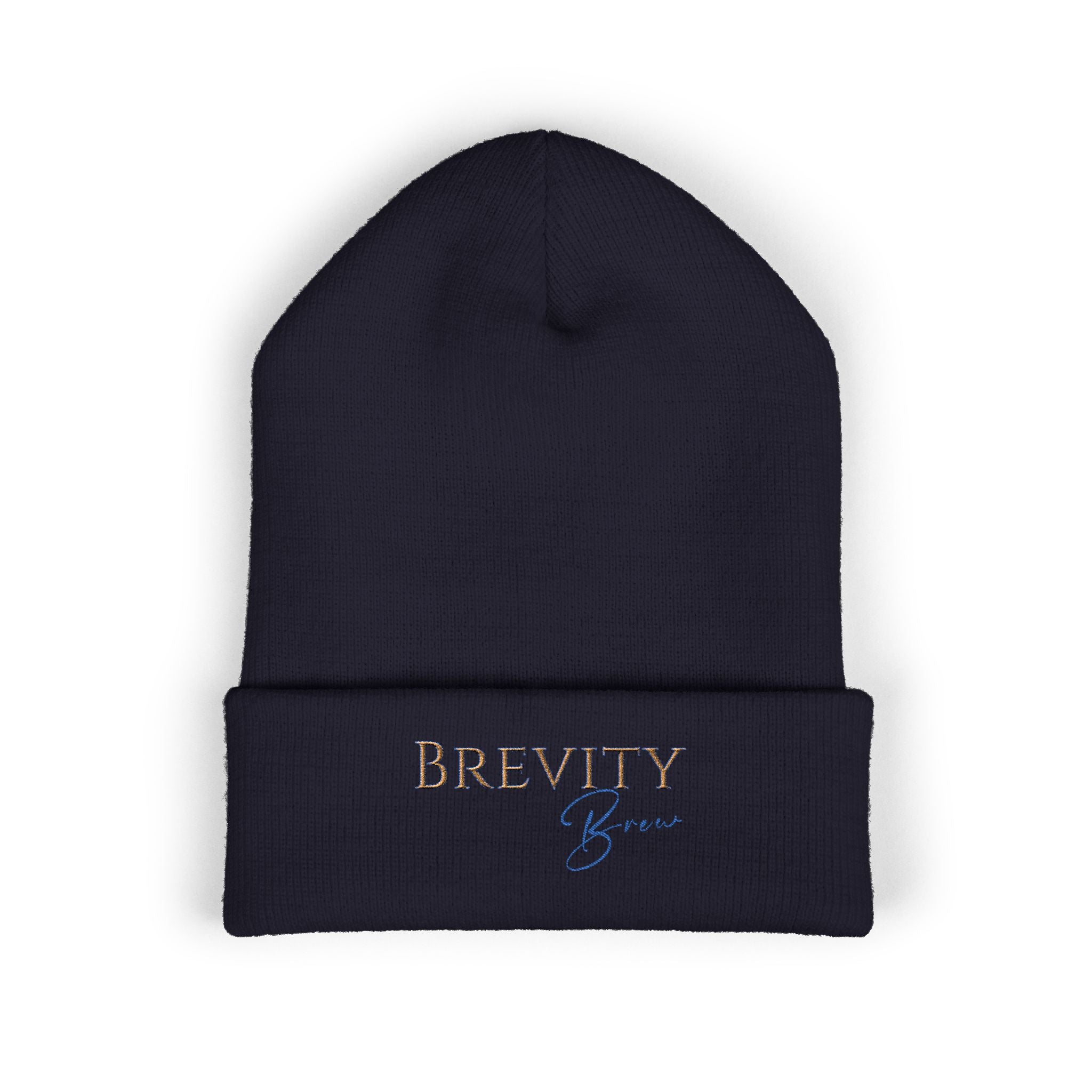 A navy blue cuffed beanie with "BREVITY Brew" embroidered on the front.