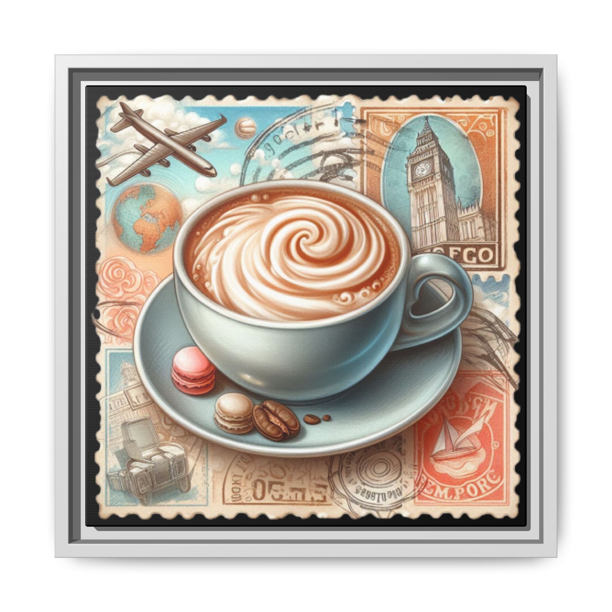 Vintage Coffee Stamp Framed Canvas Art | 14x14 Matte Wall Decor